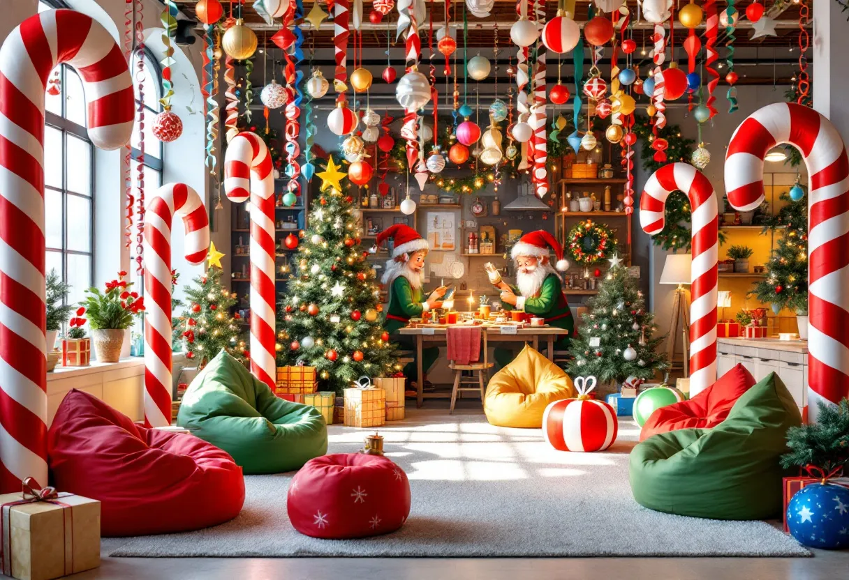 This Christmas office exudes a vibrant and festive atmosphere, perfectly capturing the magic of the holiday season. The space is adorned with an impressive array of holiday decorations, including large candy canes that frame the area, adding a whimsical touch. The ceiling is festooned with colorful ornaments and ribbons, creating a cascading effect that draws the eye upward and enhances the festive ambiance. Two beautifully decorated Christmas trees stand prominently, their branches shimmering with lights and ornaments, contributing to the warmth and coziness of the setting.

The office features a cozy seating area with colorful bean bags, inviting relaxation amidst the holiday bustle. These seating options, in red and green, complement the overall Christmas theme and offer a casual, comfortable space. In the background, two figures in Santa hats are engaged in holiday activities, adding to the cheerful and lively scene. The setting is further enhanced by the presence of wrapped gifts and wreaths, reinforcing the spirit of giving and celebration. Overall, this Christmas office is a delightful blend of tradition and whimsy, perfectly embodying the joy and excitement of the season.