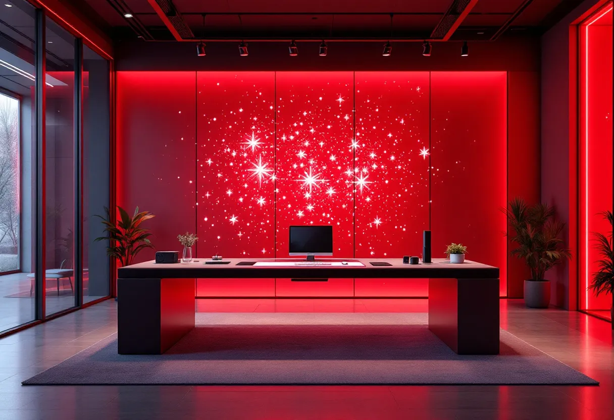 This Christmas office embodies a vibrant and festive atmosphere, illuminated by a striking red backdrop adorned with sparkling white stars. The room is bathed in a warm, red glow which creates a cozy and inviting ambiance, perfect for celebrating the holiday season. The stars add a touch of magic, transforming the office into a festive wonderland. The large desk in the center, with its clean and minimalistic design, is complemented by subtle decorations, enhancing the holiday theme without overwhelming the workspace.

In the office, potted plants on either side add a natural element that contrasts beautifully with the vibrant red lighting, bringing a sense of balance and serenity to the space. The spacious and organized setup reflects a harmonious blend of functionality and festive decoration, creating an environment that is both productive and cheerful. Overall, this Christmas office design encapsulates the essence of holiday cheer while maintaining a professional and modern aesthetic.