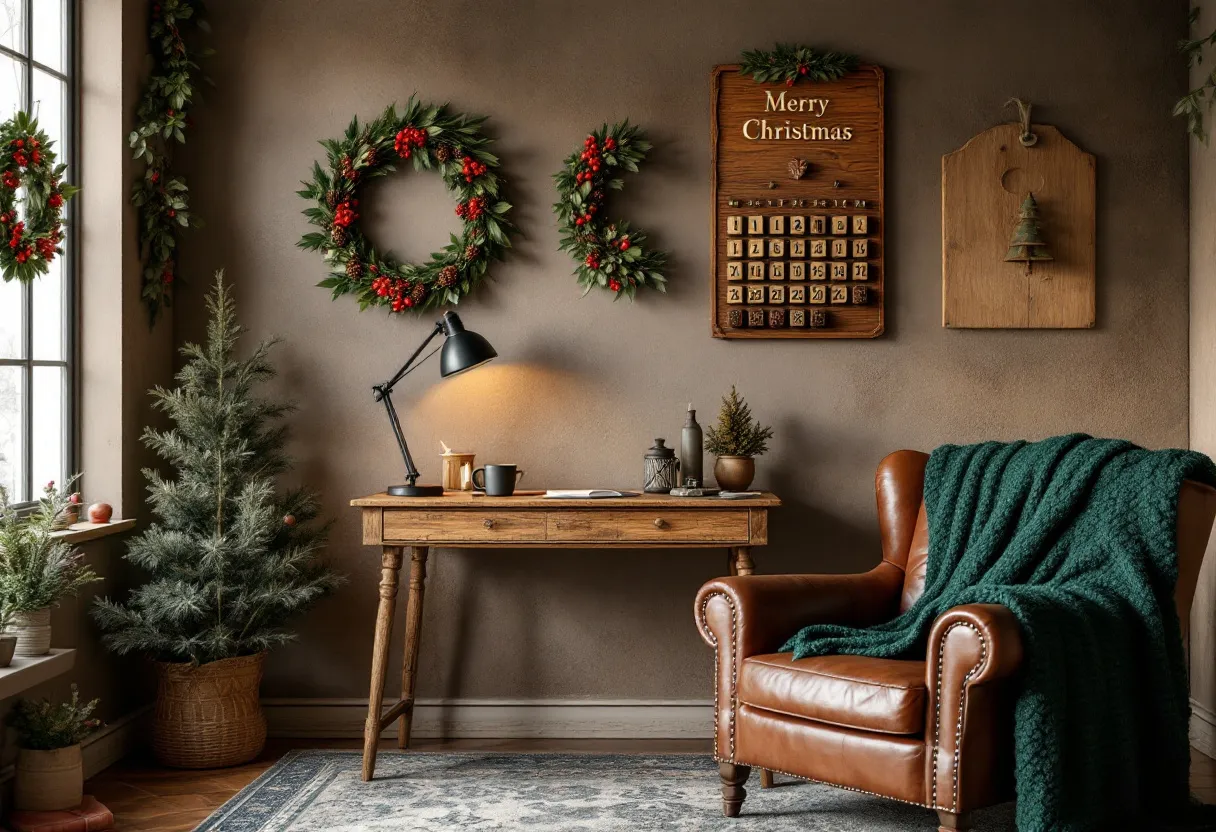 This Christmas office exudes a warm and inviting atmosphere, with subtle and tasteful decorations that celebrate the holiday season. A rustic wooden desk, accompanied by a sleek black desk lamp, establishes a cozy workspace. The desk is adorned with a few small decorations, including a mug, a notebook, and a couple of miniature trees, adding to the festive ambiance without overwhelming the space. The wall above the desk features a unique wooden advent calendar, meticulously crafted and prominently displaying the countdown to Christmas. 

Adjacent to the desk, a comfortable leather armchair invites relaxation, draped with a thick, deep green blanket that complements the holiday color scheme. A small, tastefully decorated Christmas tree stands beside the armchair, its simplicity enhancing the overall aesthetic. The walls are adorned with wreaths that incorporate red berry accents, creating a cohesive and elegant holiday theme. The warm tones and natural textures throughout the office harmonize with the gentle winter light filtering through the large window, completing this serene and stylish holiday workspace.