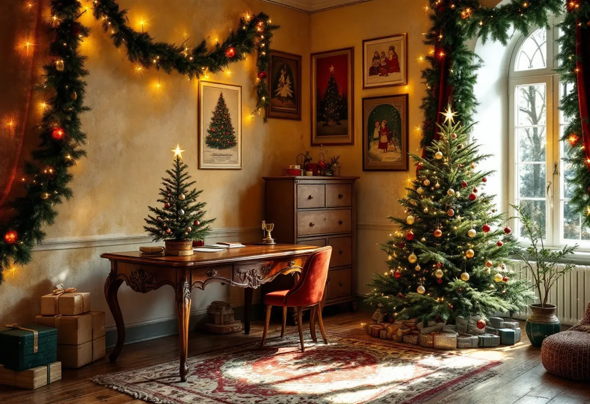 This Christmas office exudes a warm and inviting holiday atmosphere, with festive decorations enhancing the traditional aesthetic. The space is adorned with lush green garlands draped gracefully along the walls, interspersed with glowing lights that create a cozy ambiance. Center stage is occupied by a beautifully decorated Christmas tree, adorned with shimmering gold and red ornaments, adding a touch of elegance. The warm glow from the fairy lights wrapped around the tree casts gentle shadows across the room, enhancing its festive charm.

The classic wooden desk, with intricate carvings, adds to the traditional feel of the office. Adorned with a smaller Christmas tree and some neatly arranged books and papers, the desk sits as a focal point of activity and productivity, even amidst the holiday decor. Above the desk, the walls are embellished with framed art, featuring Christmas themes that contribute to the overall festive spirit. Soft natural light filters through the large window, illuminating the room and highlighting the plush, antique-style rug underfoot. Overall, this Christmas office seamlessly blends a professional setting with holiday cheer.