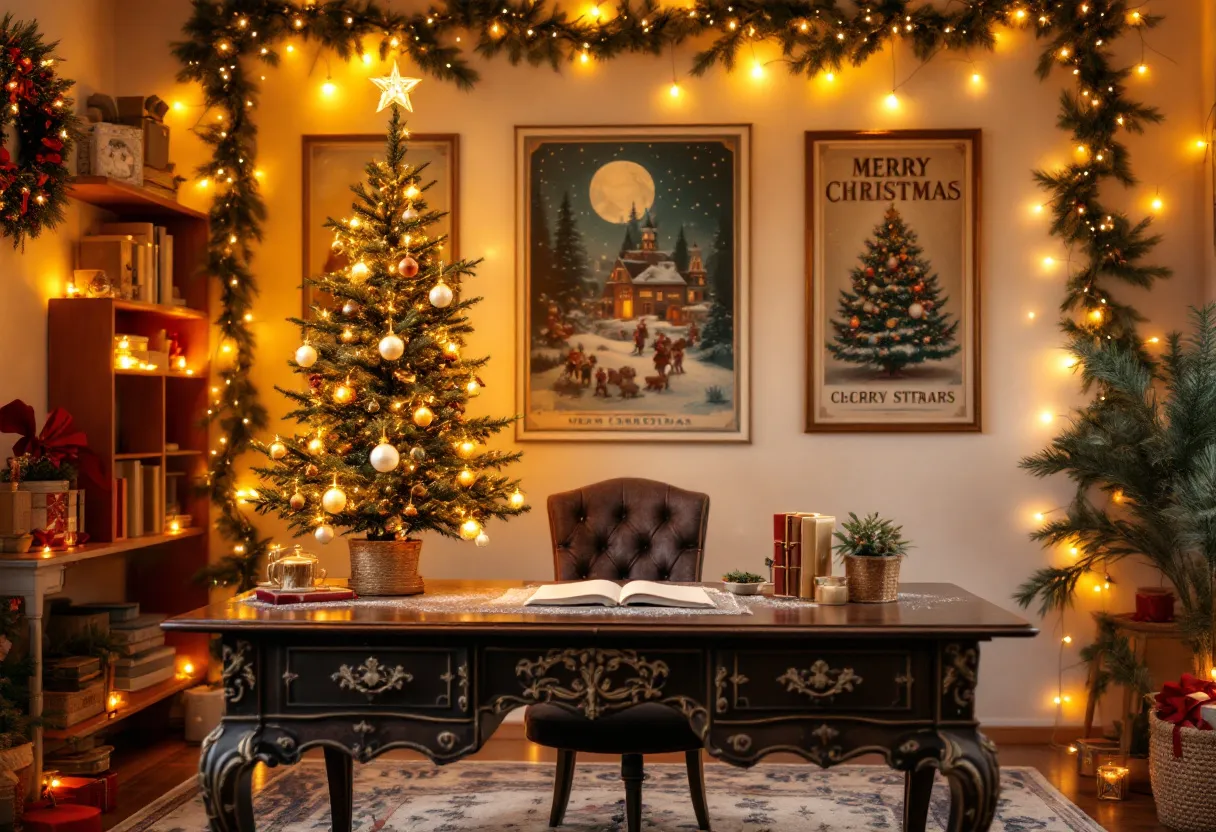 This Christmas office radiates warmth and festive cheer, enveloping the space in a soft, golden glow. At the heart of the room stands a beautifully decorated Christmas tree, adorned with an array of gold and white ornaments, topped with a shimmering star. The tree is complemented by gentle garlands of greenery that line the walls, interspersed with twinkling fairy lights. The atmosphere is cozy and inviting, providing a comfortable setting for holiday-inspired productivity.

The elegant wooden desk is set with a few thoughtful decorations, including neatly wrapped gifts and potted plants, adding to the seasonal ambiance. Behind the desk, festive artwork featuring classic Christmas imagery enhances the nostalgic charm of the space. Shelves are filled with neatly arranged books and parcels wrapped in festive paper, contributing to the overall theme. This Christmas office is a harmonious blend of traditional holiday elements and a warm, welcoming workspace.