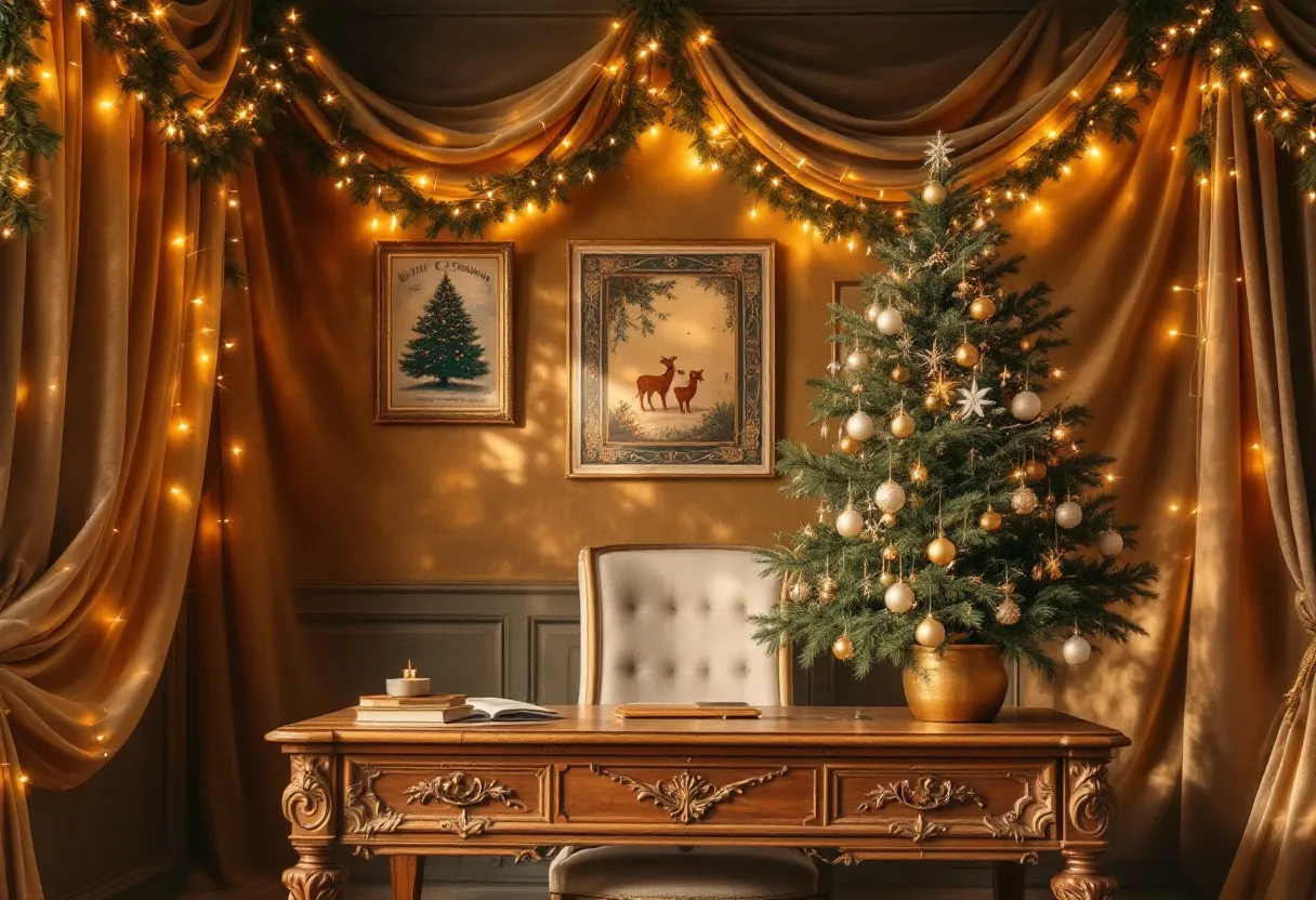 This Christmas office exudes an atmosphere of warmth and festivity, enveloped in a luxurious golden glow. The room is adorned with elegant drapery, cascading in rich folds along the walls, and accentuated by twinkling fairy lights that provide a soft, ambient illumination. A beautifully decorated Christmas tree stands proudly to one side, its branches laden with gold and white ornaments that complement the room’s understated opulence. The tree, set in a classic golden pot, adds a touch of nature to the refined setting, balancing the elegance with its evergreen charm.

At the center of the room, an ornately carved wooden desk takes prominence, suggesting both tradition and craftsmanship. Upon it rests a few carefully selected items, including a book and a small object that might serve either functional or decorative purposes. Behind the desk, the walls display framed artwork, including a festive illustration of trees and serene reindeer, adding a seasonal touch to the space. The overall ambiance of this Christmas office is one of tranquil celebration, marrying elegance with holiday cheer.