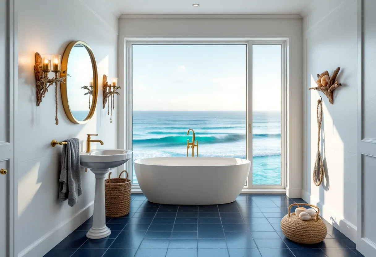 This coastal bathroom exudes a serene and elegant ambiance with its breathtaking ocean view framed by large, clear windows. The centerpiece of the room is a pristine, freestanding bathtub with sleek lines, positioned to maximize the visual connection to the sea. The room's design elements embrace a nautical theme, with an understated color palette of whites and blues that mirror the ocean waves beyond the glass. 

The bathroom features brass fixtures, adding a touch of warmth and sophistication that complements the cool tones. Wall sconces with candle-style lights flank an oval mirror, bringing a touch of old-world charm while enhancing the space's intimate feel. Natural materials are prominent, with woven baskets providing texture and functionality as storage solutions. Overall, this coastal bathroom combines modern design with classic elements, creating a tranquil sanctuary that invites relaxation and reflection.