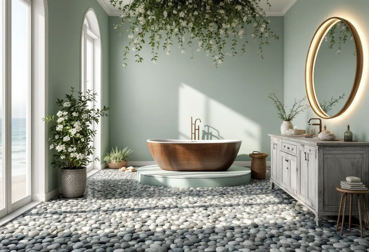 This coastal bathroom exudes a serene and tranquil ambiance, capturing the essence of beachside living. The room is adorned with a soothing palette of soft sea greens and natural earth tones, creating a harmonious connection with nature. Large arched windows flood the space with natural light, offering a panoramic view of the ocean and further enhancing the coastal vibe. The flooring is a unique feature, composed of smooth, rounded pebbles that mimic a coastal shoreline, providing a tactile and visually appealing texture.

Adding to the room's natural atmosphere, lush greenery cascades from an overhead installation, while potted plants strategically placed throughout the space bring in elements of the outdoors. A freestanding wooden bathtub serves as the focal point, sitting on a raised platform that adds a touch of elegance and sophistication. The vanity, with its distressed finish, complements the coastal theme, and a large, round backlit mirror above it adds warmth and depth. The bathroom embodies a true oasis of relaxation, seamlessly blending style and nature.