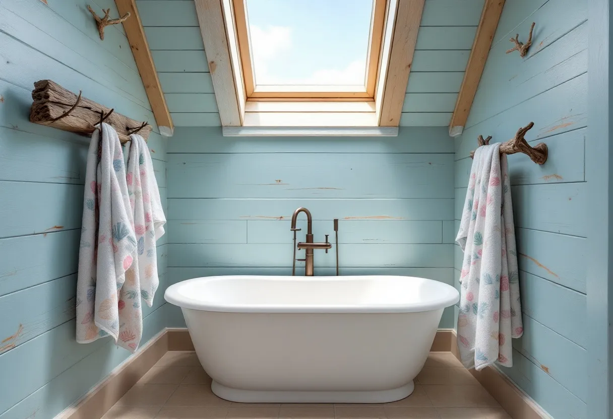 This coastal bathroom exudes a serene and inviting atmosphere, characterized by its soft, blue-painted wooden walls that evoke the tranquility of the sea. The central feature is a pristine white freestanding bathtub, placed to capture natural light streaming from the overhead skylight, creating a warm and airy ambiance. The sky view enhances the feeling of openness and connects the space to the outdoors, perfect for a relaxing soak.

The bathroom's decor incorporates natural elements, with towel racks crafted from driftwood, adding an organic touch that complements the coastal theme. The towels, patterned with subtle pastel seashell motifs, accentuate the beach-inspired look. Together, these elements create a cohesive design that emphasizes relaxation and the refreshing essence of a coastal retreat.