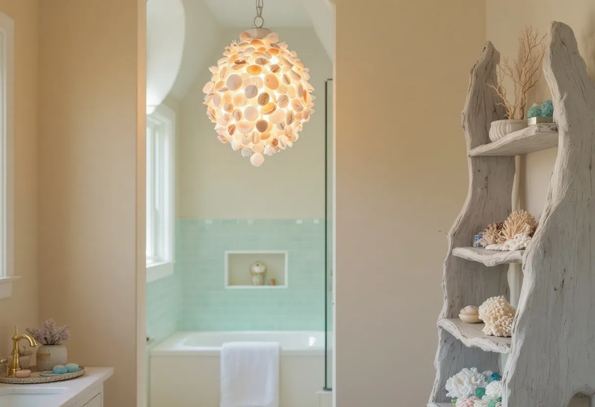 This coastal bathroom exudes a serene and tranquil ambiance, perfectly capturing the essence of a seaside retreat. The pale aqua tiles surrounding the bathtub evoke the gentle hues of the ocean, creating a calming atmosphere. Complementing this, a uniquely designed pendant light made of seashells hangs from the ceiling, providing warm, ambient lighting and adding an elegant, natural touch. The carefully chosen color palette of soft neutrals further enhances the coastal theme, making the space feel open and airy.

Adjacent to the tub, a rustic driftwood shelf showcases a collection of sea-inspired decor items. These include various coral pieces and decorative shells, which bring elements of the beach indoors. The combination of textures and natural materials throughout the bathroom contributes to its overall soothing aesthetic. This coastal bathroom effortlessly blends practical design with elements drawn from the natural world, resulting in an inviting space that feels both luxurious and welcoming.