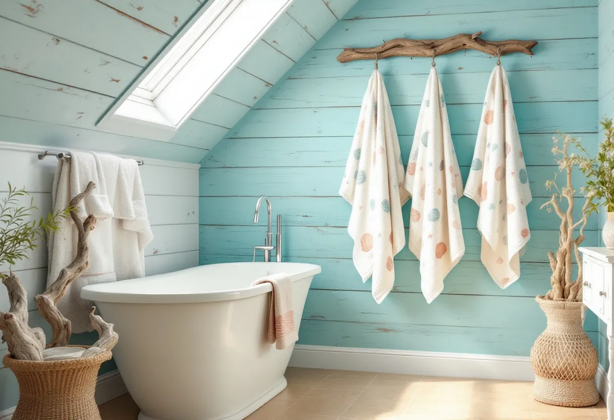 This coastal bathroom exudes a serene and airy ambiance that reflects the tranquility of the seaside. The light aqua shiplap walls evoke the color of the ocean, setting a calming backdrop. A rustic driftwood towel rack holding polka-dotted towels complements the nautical theme, while the white freestanding bathtub adds a touch of elegance and simplicity. A slanted ceiling with a skylight bathes the room in natural light, enhancing the bright, open feel and creating a connection to the outdoors.

Natural elements are thoughtfully integrated into the design, with wicker baskets and potted greenery adding texture and warmth. The subtle use of driftwood in decor elements, such as the towel holders, emphasizes the coastal motif and ties the space together harmoniously. These details, combined with soft, neutral tones and clean lines, create a soothing retreat that invites relaxation and a sense of escape to a peaceful seaside sanctuary.