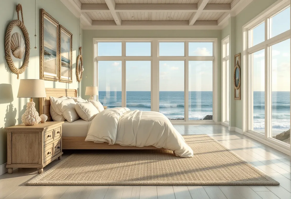 This coastal bedroom exudes a calming and serene atmosphere, blending the ocean's natural beauty with elegant, cozy furnishings. The room features large windows that offer a breathtaking panoramic view of the sea, allowing natural light to flood the space and create an airy, open vibe. Soft, sandy-colored walls complement the oceanic tones, providing a harmonious backdrop for the room's decor. The wooden bed, dressed in crisp white linens, is accompanied by matching side tables that emphasize the natural, earthy theme. A textured rug underfoot adds warmth and comfort, balancing the room's airy design.

Additional elements, such as seashell-themed wall art and rope mirrors, enhance the coastal aesthetic and create a connection to the beachfront setting. The decor subtly incorporates nautical motifs without overwhelming the space, achieving a sophisticated and relaxed ambiance. Soft lighting from elegant lamps further amplifies the room's cozy feel, making it an inviting retreat where one can unwind while enjoying the soothing sounds and sights of the ocean just beyond the windows.