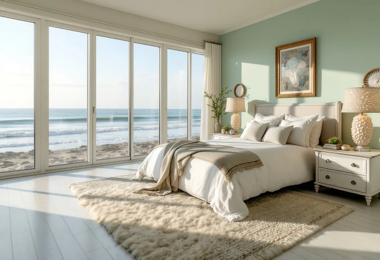 This coastal bedroom exudes a serene and tranquil atmosphere, perfectly capturing the essence of a beachfront retreat. The large floor-to-ceiling windows offer an unobstructed view of the ocean, allowing natural light to flood the space and create an airy, open feel. The pale green walls complement the coastal theme, evoking a sense of calm and relaxation that is synonymous with seaside living.

The decor effortlessly blends comfort with elegance, featuring a plush bed adorned with soft, neutral-colored linens and a cozy throw blanket. The bedside tables, topped with textured lamps and small decorative elements, add a touch of sophistication. A fluffy area rug underfoot enhances the room’s warmth, inviting you to unwind and enjoy the picturesque ocean view. The overall design strikes a perfect balance between simplicity and refinement, making it an ideal sanctuary for rest and rejuvenation.