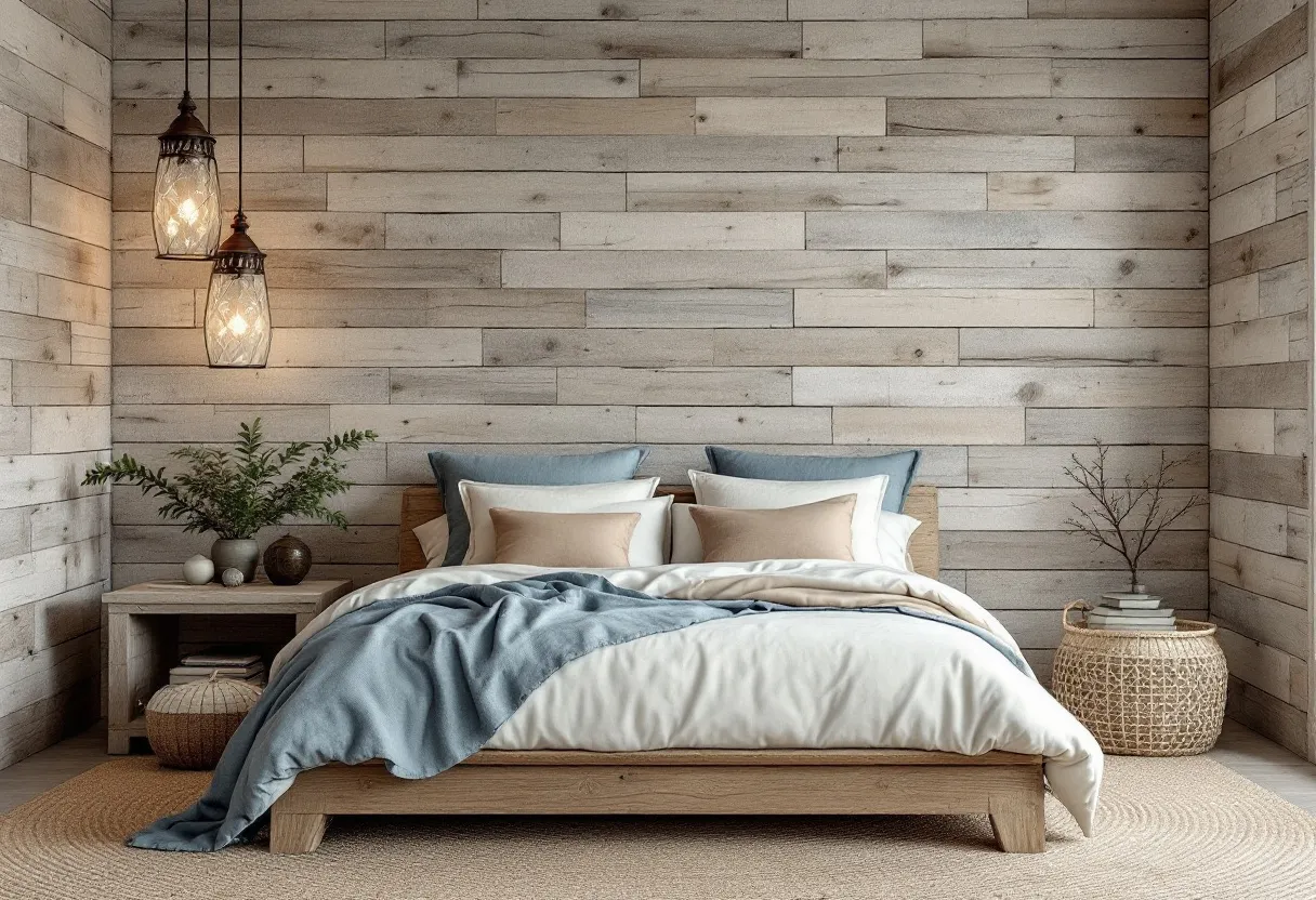 This coastal bedroom exudes a serene and tranquil ambiance, characterized by its natural textures and soothing color palette. The walls are clad in light-toned wooden planks, evoking a sense of beachside simplicity and comfort. The bed is adorned with plush pillows in soft shades of blue and beige, complemented by a cozy blanket draped elegantly across it. The neutral tones create a harmonious blend that is both relaxing and inviting, reminiscent of the calming seaside.

Adding to the room's coastal charm, the decor incorporates elements of nature with a woven basket and pottery. The bedside table houses greenery and minimalist decor, enhancing the organic feel of the space. Overhead, pendant lights with intricate designs provide a warm glow that adds to the room's coziness and intimacy. The overall design captures the essence of a coastal retreat, offering a peaceful sanctuary infused with elements of the sea and sand.