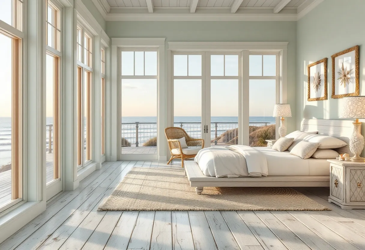 This coastal bedroom exudes serenity and charm, thanks to its soothing color palette and stunning ocean view. The room features expansive floor-to-ceiling windows, letting in abundant natural light that enhances the soft, sandy hues of the interior. The whitewashed wood floors and ceiling beams contribute to a breezy ambiance, merging seamlessly with the seascape outside. The decor is minimalist yet elegant, with a focus on natural materials and textures that echo the coastal theme.

The centerpiece of the room is a low-profile bed adorned with plush, neutral linens, offering a cozy yet sophisticated place to relax. Beside the bed, a pair of matching nightstands with intricate designs add a touch of elegance, accented by decorative lamps with subtle, organic patterns. A jute rug anchors the space, providing warmth and contrast to the cool tones. The wicker chair positioned near the windows offers a cozy nook for enjoying the view, while framed artwork on the walls complements the coastal aesthetic, bringing the tranquility and beauty of the seaside indoors.