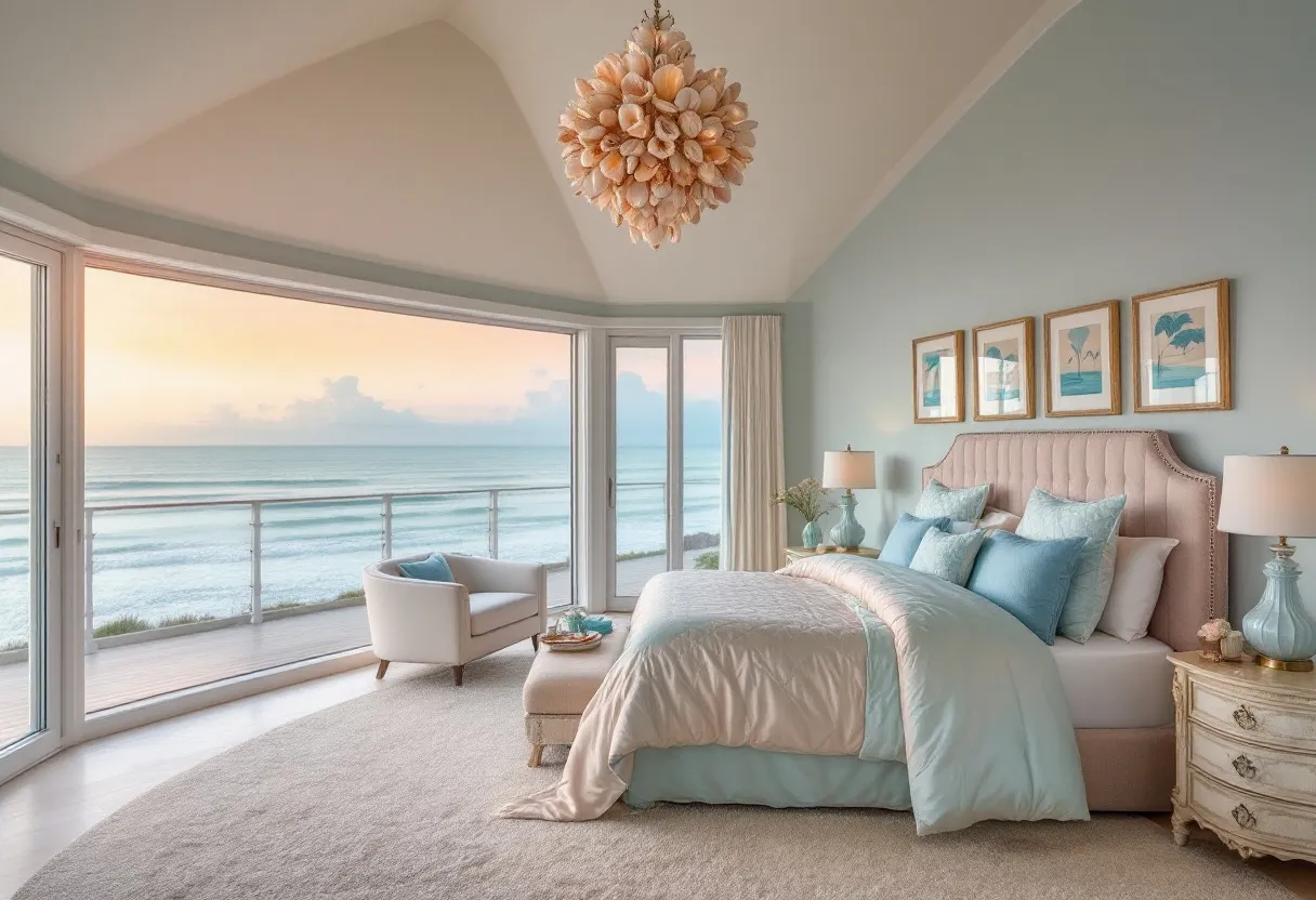 This coastal bedroom exudes a tranquil and airy ambiance, accentuated by the stunning panoramic view of the ocean visible through expansive floor-to-ceiling windows. The walls are painted in a soft, muted blue, echoing the serene hues of the sea and sky, while the light-colored carpet amplifies the room’s brightness. A plush, upholstered bed is adorned with layers of pastel linens and an assortment of pillows in various shades of blue, creating a soothing and inviting atmosphere.

The decor features coastal elements, with a shell-inspired chandelier serving as a unique focal point. Framed artwork depicting beach scenes complements the room’s theme. A cozy armchair sits by the window, perfect for relaxation while enjoying the view. The bedside tables and lamps, designed in matching soft tones, add to the harmonious blend of elegance and comfort that defines this coastal retreat.