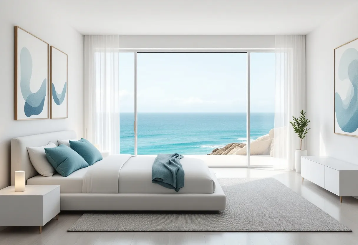 This coastal bedroom exudes tranquility and an intimate connection with nature through its breathtaking ocean view. The large, floor-to-ceiling window acts as a portal to the serene blue waters and clear skies, bringing a sense of openness to the space. The room's color palette, composed of soft whites and muted blues, reflects the natural hues of the coastal environment. The decor is minimalistic, with clean lines and a focus on simplicity, allowing the stunning view to take center stage. 

The furniture selection enhances the calming ambiance typical of coastal design. A low-profile, white bed is adorned with plush pillows and a soft, blue throw, adding texture and comfort. Flanking the bed is a sleek nightstand holding a delicate lamp that provides warm, subtle lighting. Art pieces on the walls incorporate abstract ocean motifs, echoing the room's theme. A light-colored area rug rests on the wooden floor, adding a cozy touch. The space is completed with a small, vibrant plant on a modern sideboard, infusing a hint of nature indoors.