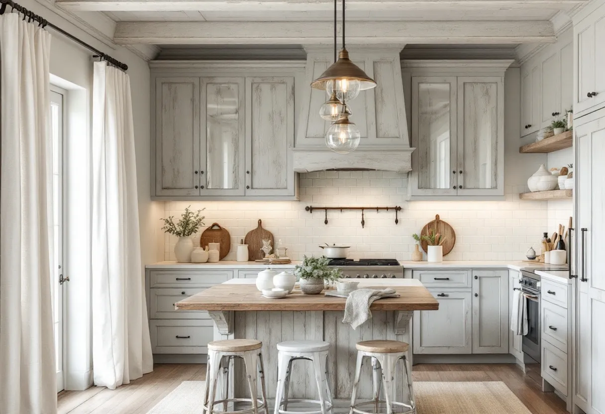 This coastal kitchen exudes a serene and inviting atmosphere, characterized by its soft, light color palette and natural textures. Shaker-style cabinets in a weathered gray hue complement the white subway tile backsplash, creating a clean yet rustic look. The open shelving to the right of the cabinets adds a touch of casual elegance, showcasing simple white ceramics and greenery. Warm wooden elements are present in the central island, which features a reclaimed wood countertop and provides seating with three wooden stools, reinforcing the kitchen's laid-back coastal vibe.

The space is accented by thoughtful details such as the glass-front cabinet doors, which add depth and interest to the upper cabinetry. The light fixtures above the island feature a trio of vintage-style pendant lights, enhancing the room with a warm, golden glow. Large windows with flowing white curtains allow natural light to flood in, adding to the airy and welcoming feel of the kitchen. Overall, this coastal kitchen combines functionality with a stylish, beach-inspired aesthetic that is both timeless and comfortable.