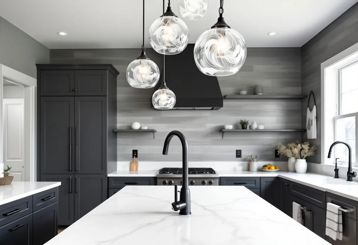 This coastal kitchen exudes a serene and elegant vibe, featuring a harmonious blend of modern and coastal design elements. The color palette is a soothing mix of charcoal, white, and grey, which complements the natural light streaming in through a large window. The cabinetry and island are painted in a deep charcoal hue, providing a striking contrast to the sleek white countertops, which are smooth and expansive, ideal for food preparation and entertaining.

The lighting in this kitchen is both functional and stylish, with a series of intricate glass pendant lights hanging over the island, casting a warm glow that enhances the airy ambiance. Open shelving on the walls not only adds to the kitchen’s aesthetics but also offers an opportunity to display dishware and decorative items, such as small plants that bring a touch of nature indoors. The combination of a modern black faucet and stainless steel appliances further emphasizes the contemporary coastal feel of this beautifully curated space.