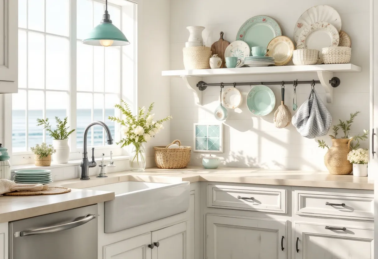 This coastal kitchen radiates a serene and airy vibe, with ample sunlight streaming through the large windows that boast a beautiful view of the ocean. The color palette is soft and refreshing, featuring whites and light blues that evoke a sense of tranquility and openness. An inviting farmhouse sink is nestled under the window, enhancing both the practicality and aesthetic appeal of the space. The countertops are adorned with decorative yet functional items, such as potted greenery and woven baskets, which add texture and a touch of nature to the room.

The open shelving displays an assortment of coastal-inspired dishware in muted pastels, adding visual interest and a personal touch. Hanging utensils and cookware blend functionality with style, seamlessly incorporating into the kitchen’s overall coastal theme. The combination of modern amenities and rustic details, such as the vintage-style faucet and distressed cabinetry, create a charming and cohesive space that balances elegance with casual comfort. Overall, this kitchen embodies the relaxed beauty and essence of coastal living.