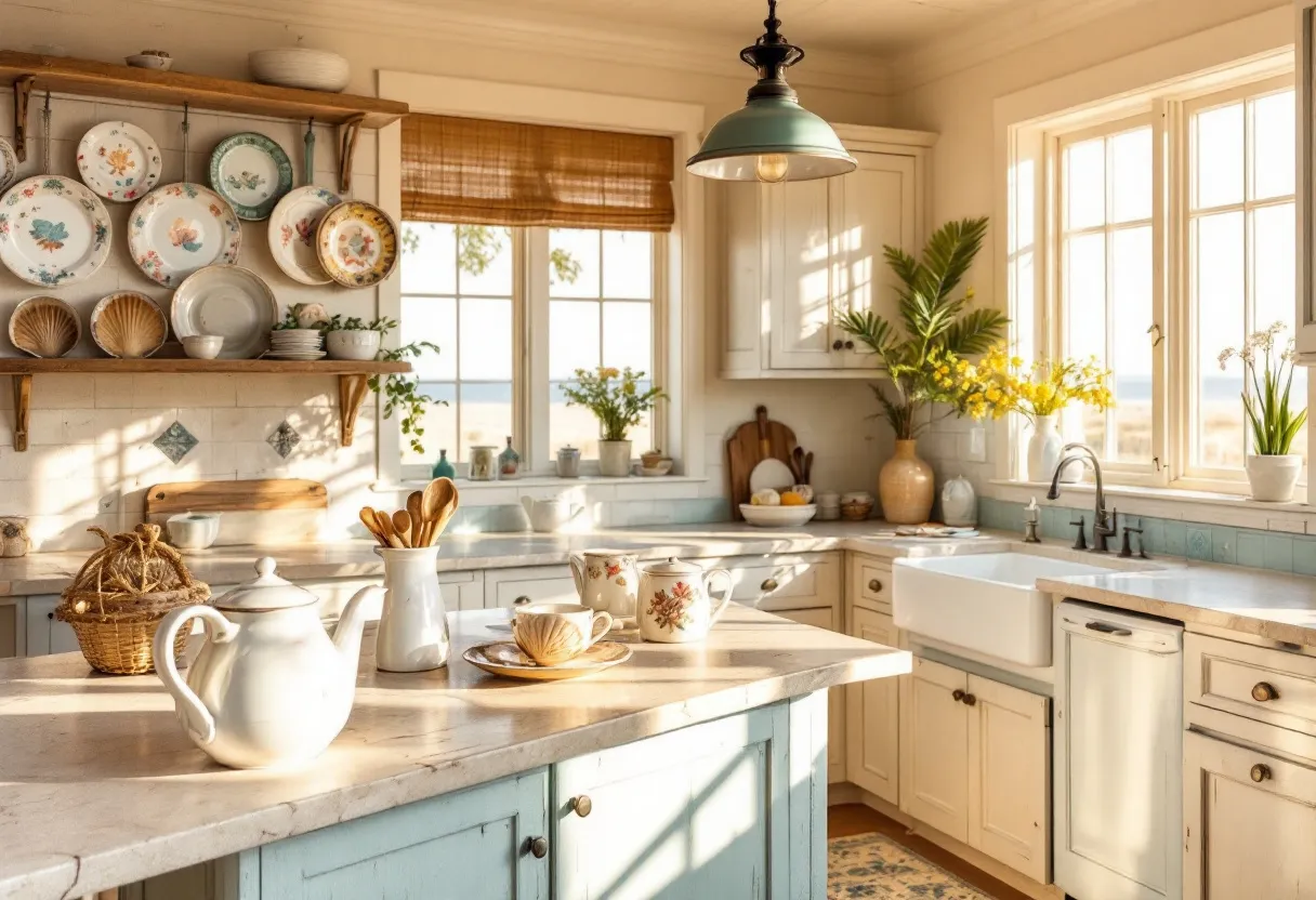 This coastal kitchen exudes charm and tranquility with its warm, sunlit atmosphere, enhanced by large windows that allow natural light to fill the space. The soft pastel hues of the cabinets, notably a gentle blue, complement the white countertops, creating a soothing and airy feel reminiscent of seaside living. Rustic elements, such as the wooden shelf displaying decorative plates and the vintage pendant light fixture, contribute to the kitchen's cozy, inviting ambiance.

Adding to the coastal theme are carefully curated decor items, such as seashells on the shelf and vibrant green plants, which offer a touch of nature. The classic farmhouse sink, coupled with elegant taps, emphasizes the kitchen's blend of functionality and style. This space combines practical elements with a refined aesthetic, making it an ideal setting for both daily living and leisurely gatherings.