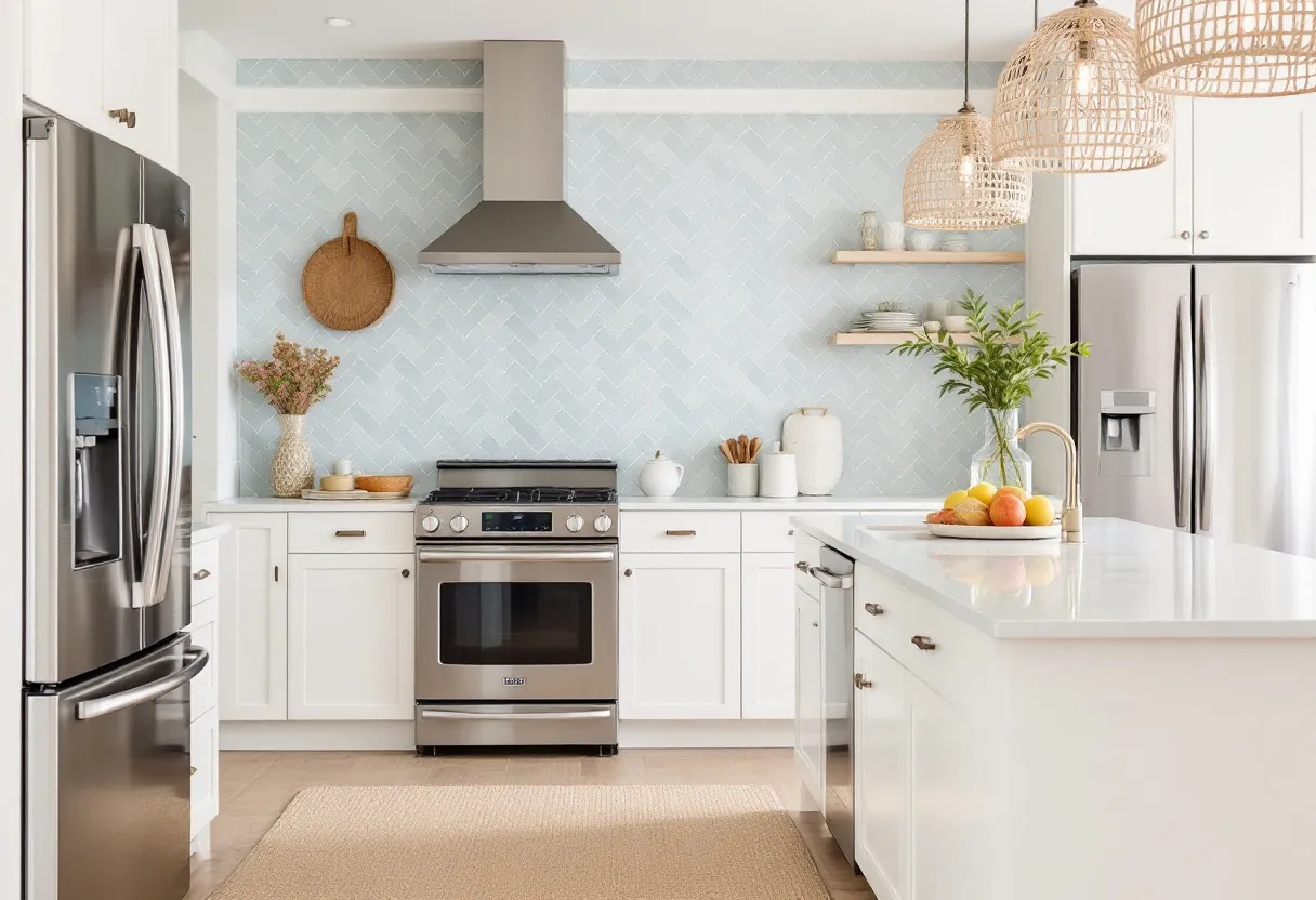 This coastal kitchen exudes a serene and airy ambiance with its combination of light colors and natural textures. The space is anchored by crisp white cabinetry that provides a clean and bright foundation. The backsplash, featuring a subtle herringbone pattern in soft pastel tones, adds a touch of elegance while evoking the soothing rhythm of ocean waves. Above the stove, a sleek stainless steel range hood offers both style and functionality.

The kitchen island is a centerpiece, topped with a smooth white countertop that offers a perfect spot for both meal preparation and casual dining. Pendant lights with woven rattan shades hang gracefully above, adding a coastal touch and casting warm glows. Decorative elements, such as woven baskets and a variety of potted plants, further enhance the coastal vibe, creating a harmonious and inviting environment. Overall, this kitchen perfectly blends functionality with style, embodying a laid-back coastal charm.