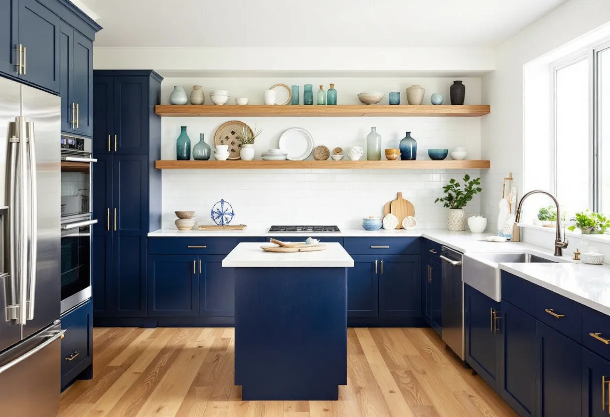 This coastal kitchen exudes a serene and refreshing ambiance, perfectly blending functionality with style. The deep blue cabinetry, accented with sleek brass handles, establishes a striking contrast against the white countertops and backsplash, evoking a nautical theme that is both calming and elegant. The central island serves as a focal point, offering additional workspace and a place for gathering. Its blue hue ties seamlessly with the surrounding cabinets, maintaining a cohesive aesthetic.

Open shelving along one wall displays an array of coastal-inspired decor, including vases and bowls in various shades of blue and natural tones, adding a personal and artistic touch to the space. The wooden shelves bring warmth and a hint of rustic charm, echoing the natural wooden floor. Large windows flood the kitchen with natural light, enhancing the airy feel and highlighting the lush green plants placed around the room, which introduce a vibrant, organic element to the space.