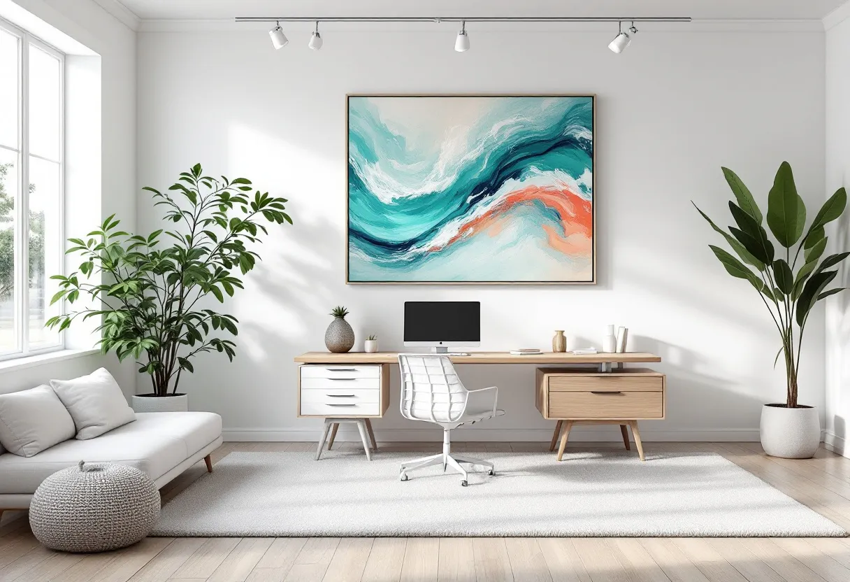 This coastal office exudes a serene and airy ambiance, characterized by its minimalist design and soothing color palette. The space is anchored by a large, abstract ocean-themed artwork that introduces calming hues of teal, blue, and coral, perfectly capturing the essence of a coastal setting. A sleek wooden desk complements the artwork, providing a functional workspace. The desk is neatly arranged with essentials, highlighting an organized and clutter-free aesthetic. The presence of a modern white office chair enhances the contemporary vibe of the office while ensuring comfort and style.

Natural light floods the room through expansive windows, accentuating the lush greenery provided by two well-placed potted plants. These plants add a touch of nature, reinforcing the harmonious blend of indoor and outdoor elements. A plush white rug underlies the workspace, further contributing to the cozy and inviting atmosphere. A comfortable white sofa accompanied by a knitted pouf offers a relaxing area for breaks or informal meetings. Overall, this coastal office is a perfect blend of tranquility and productivity, making it an ideal environment for creative and focused endeavors.