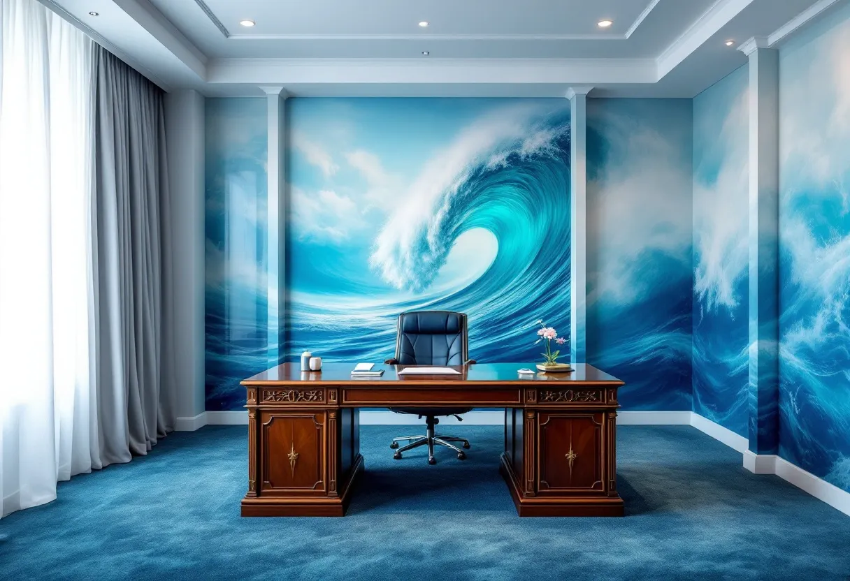 This coastal office exudes a sense of serenity and power, seamlessly blending the majesty of the ocean with a professional work environment. The bold mural of a massive wave, with its curling crest and vibrant blues, dominates the wall behind the grand wooden desk. The mural captures the movement and energy of the sea, bringing an invigorating yet calming presence to the office. The artwork serves as a striking focal point, infusing the room with a sense of depth and dynamism.

The large wooden desk, intricately carved with detailed patterns, adds an element of traditional elegance to the room. Its polished surface reflects the natural light filtering through the sheer curtains, complementing the rich blue carpet that mirrors the hues of the ocean mural. The office chair, upholstered in deep blue, sits regally at the desk, inviting occupants to work amidst this tranquil coastal-inspired setting. Together, these elements create a harmonious balance between the natural and the refined, offering an inspiring space for creativity and focus.