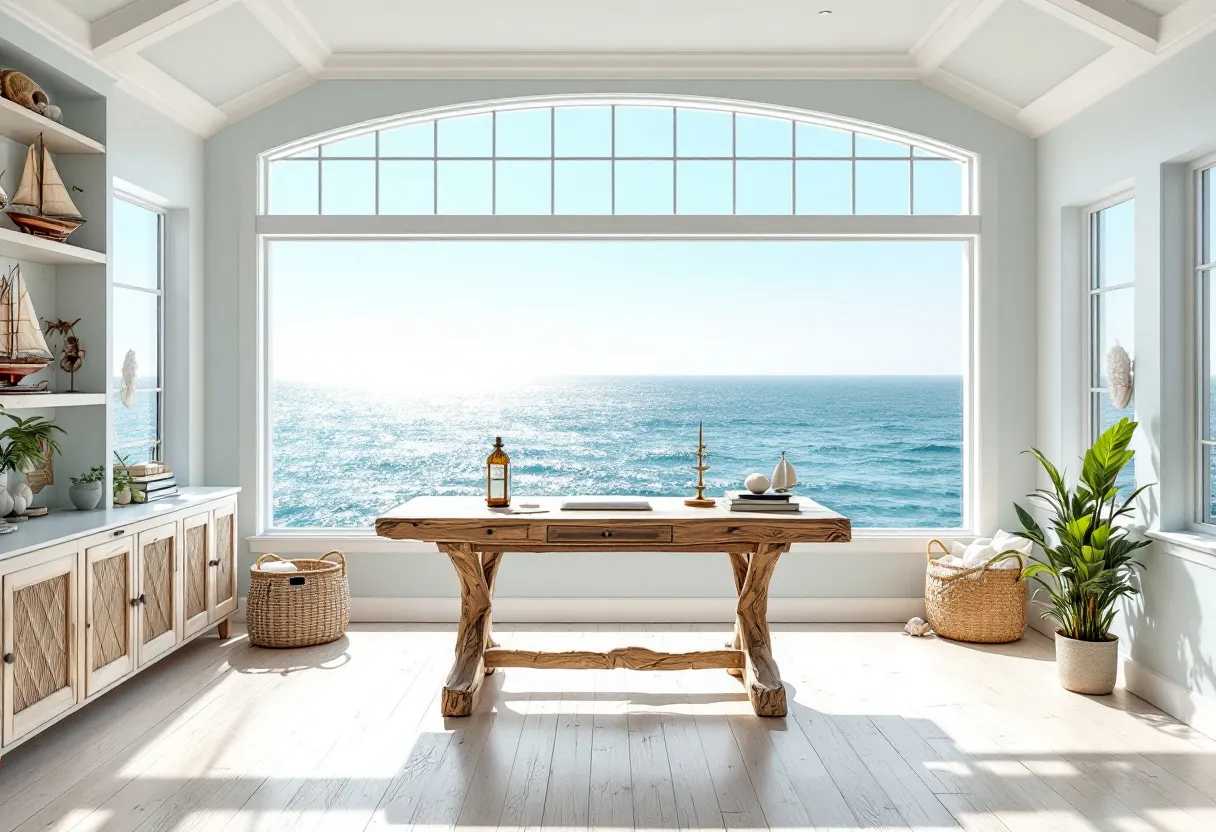 This coastal office offers a stunning view of the ocean, with an expansive window that lets in ample natural light. The atmosphere is serene and inviting, with pale blue walls that complement the tranquil seascape outside. A rustic, wooden desk sits at the center, featuring a weathered finish that harmonizes with the coastal theme. The simplicity of the design emphasizes the breathtaking view, allowing it to remain the focal point of the room.

The decor reflects a nautical motif, with small model ships and sea-themed accents on the shelves. Natural elements, such as a potted plant and wicker baskets, add warmth and texture to the space. The wooden cabinetry provides both storage and aesthetic appeal, with its woven panel design enhancing the coastal vibe. Overall, this office is a perfect blend of functionality and relaxation, creating an ideal workspace for those who appreciate the calming influence of the sea.