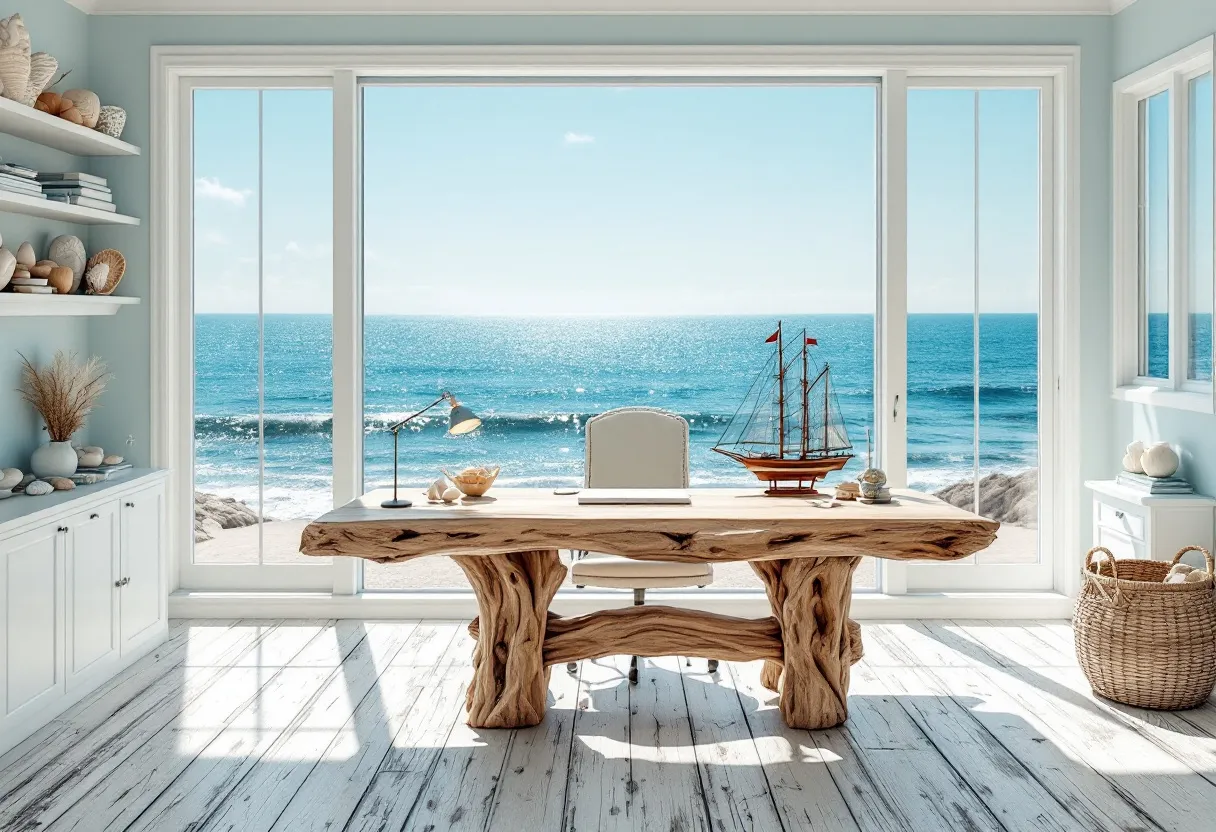 This coastal office exudes tranquility, featuring a stunning ocean view framed by expansive windows that let in abundant natural light. The serene blue color palette complements the scene outside, creating a seamless blend between the indoors and the seascape. The windows provide a breathtaking vista of crashing waves meeting the horizon, offering a constant reminder of the ocean’s beauty and tranquility.

The interior design showcases a sophisticated rustic charm, evident in the prominent driftwood desk that stands as a centerpiece. The desk's organic texture and shape tie into the coastal theme, while the model sailboat atop adds a nautical touch. Shelving to the side holds an assortment of seashells and natural decor, enhancing the coastal ambiance. The light, airy furnishings, such as the wicker basket and minimalist chair, further emphasize a relaxed yet elegant workspace, designed for both inspiration and productivity.