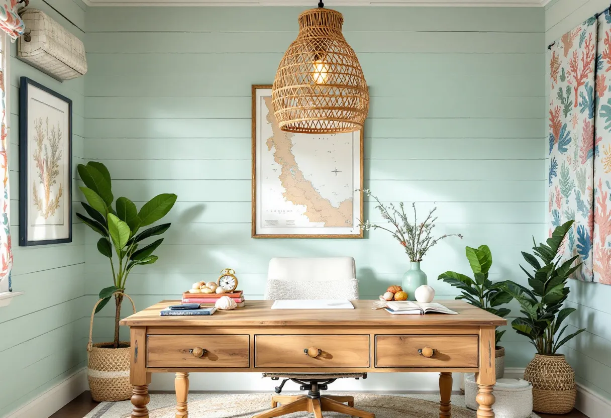 This coastal office exudes a serene and refreshing ambiance, characterized by its soft, pastel color palette and thoughtfully curated decor. The walls are adorned with a soothing seafoam green, instantly evoking a sense of calm and connection to the ocean. Central to the room is a wooden desk that boasts a natural finish, adding warmth and a touch of rustic elegance. The desk is neatly organized with a minimalist approach, featuring a few books, a notebook, and small decorative items that add personality without cluttering the space.

Complementing the room's tranquil atmosphere are vibrant green plants flanking the desk, housed in woven baskets that reinforce the coastal theme. A large woven pendant light overhead casts a gentle illumination, enhancing the room's airy feel. The walls are tastefully decorated with botanical art and a map, suggesting a balance between nature and exploration. Overall, this coastal office combines functionality with aesthetic appeal, making it an ideal workspace that inspires creativity and relaxation.