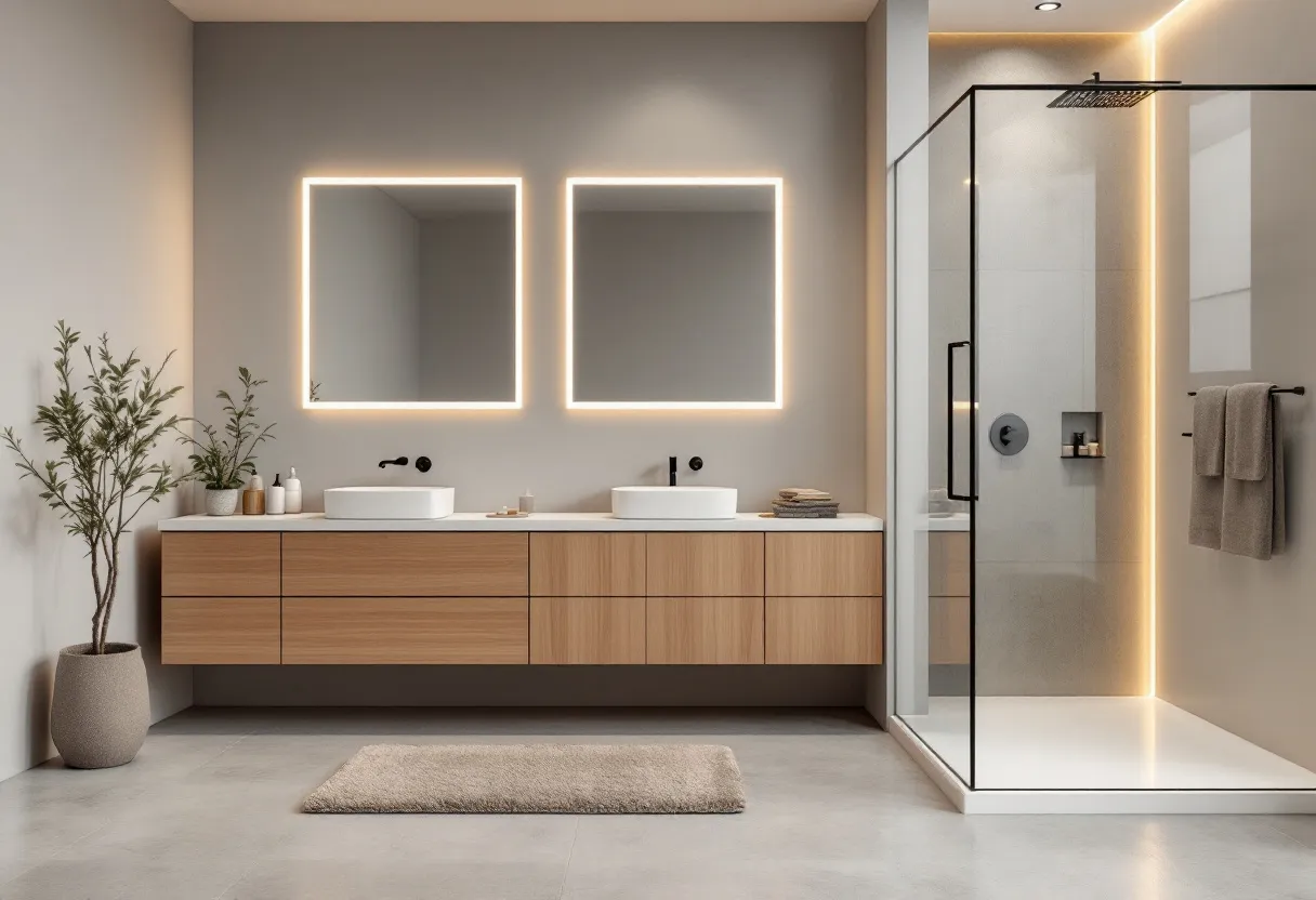 This cozy bathroom exudes a warm and inviting ambiance, achieved through its minimalist design and soothing color palette. The floating wooden vanity adds a touch of natural elegance, perfectly complemented by the vessel sinks atop its surface. Two backlit mirrors above the sinks provide ample lighting, while enhancing the room's modern aesthetic. The soft, neutral tones of the walls create a calming backdrop, further accentuated by the subtle interplay of shadows and light.

The glass-enclosed shower area adds a sleek and contemporary element to the space. Its clean lines and frameless design contribute to the overall open and airy feel. A plush, textured rug on the floor adds warmth and comfort underfoot, while a simple potted plant in the corner brings a hint of nature indoors. Overall, this bathroom blends functionality with style, creating an ideal sanctuary for relaxation and daily routines.