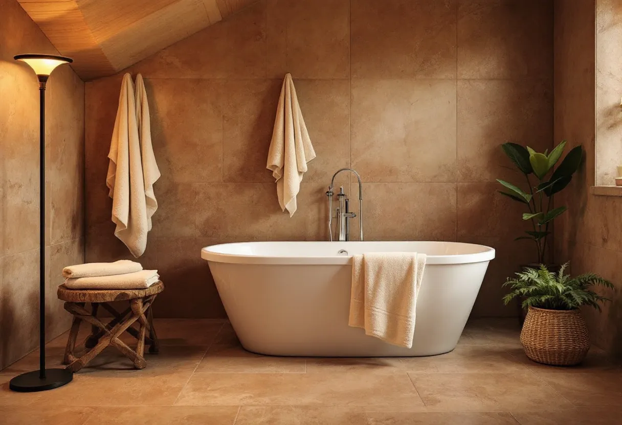 This cozy bathroom exudes warmth and comfort with its earthy tones and inviting atmosphere. The walls and floor are clad in soft beige tiles, creating a seamless and tranquil backdrop for relaxation. A modern freestanding bathtub takes center stage, perfectly paired with a sleek chrome faucet that adds a touch of contemporary elegance. The soft, warm lighting from a tall floor lamp creates a gentle ambiance, emphasizing the serene nature of the space.

Fluffy towels hang neatly on the wall and are folded on a rustic wooden stool, adding to the bathroom's welcoming vibe. A touch of greenery is introduced with a potted plant, bringing a hint of nature indoors and enhancing the calming environment. The overall design of the bathroom emphasizes simplicity and comfort, making it an ideal sanctuary for unwinding after a long day.