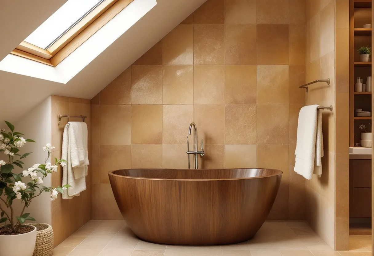 This cozy bathroom features a beautifully crafted wooden bathtub that is the focal point of the space. The warm tones of the wood harmonize perfectly with the soft beige tiles that line the walls and floor, creating a seamless and inviting atmosphere. The sloped ceiling, fitted with a skylight, allows natural light to flood in, accentuating the textures and colors of the materials. This combination of natural elements exudes a sense of tranquility and relaxation, making the bathtub a perfect spot for unwinding.

The decor is simple yet elegant, with plush white towels neatly hung on minimalist chrome towel racks. A woven basket planter with delicate flowering branches adds a touch of nature and freshness. A subtle shelving unit is carefully integrated into the wall, keeping the essentials organized and within easy reach. Overall, the design strikes a perfect balance between functionality and style, making this bathroom a private sanctuary.