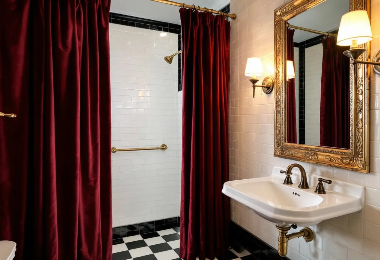 This cozy bathroom exudes an elegant and vintage charm with its distinct use of rich, warm colors and classical design elements. The deep red curtains create a bold contrast against the stark white subway tiles on the walls, adding a touch of luxury and warmth to the space. The curtains serve not only as a functional element but also as a statement piece that enhances the overall ambience of the bathroom. The golden shower rod and towel bar complement the red curtains and introduce a hint of sophistication, creating a cohesive and inviting setting.

The bathroom's flooring features a classic black and white checkered pattern, which further enhances its nostalgic appeal. The ornate gold-framed mirror above the sink adds an exquisite touch of detail and elegance, reflecting the light from the wall-mounted sconce lamps. These lamps provide a soft, warm glow, adding to the comfortable and cozy atmosphere. The vintage-style sink and bronze faucet integrate seamlessly into the design, reinforcing the bathroom's timeless aesthetic and inviting you to linger in its charming embrace.