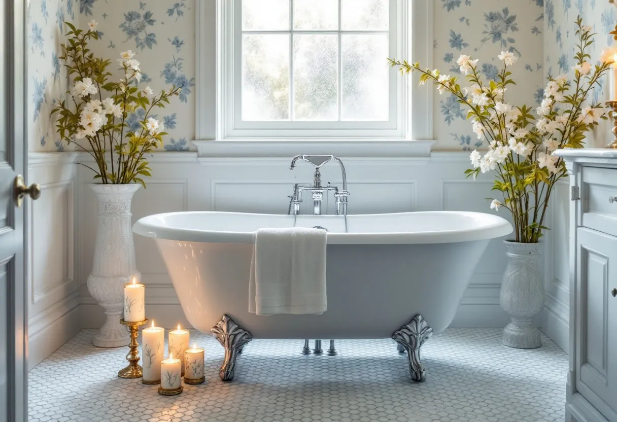 This cozy bathroom exudes a tranquil and inviting atmosphere, achieved through a harmonious blend of soft colors and elegant features. At the heart of the space is a classic clawfoot bathtub, which stands out with its graceful curves and polished fixtures. The bathtub is complemented by a row of warmly glowing candles on ornate holders, casting a gentle light and adding a touch of romance and serenity to the room.

Flanking the bathtub are two tall floral arrangements in elegant vases, which bring a fresh, natural feel to the space. The wallpaper, featuring a subtle floral pattern in calming blue hues, pairs perfectly with the white wainscoting, enhancing the room's light and airy vibe. A large window allows for ample natural light, further contributing to the bathroom’s soothing ambiance. This combination of elements creates an ideal setting for relaxation and self-care.