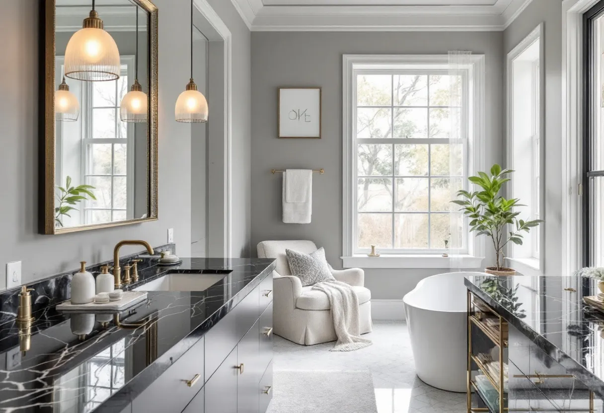 This cozy bathroom exudes an inviting and serene atmosphere, highlighted by its elegant design and soothing color palette. The room is bathed in natural light streaming through the large window, complementing the soft gray walls that create a calming backdrop. The black marble countertops add a touch of luxury, their polished surfaces reflecting the inviting glow from the chic pendant lights. Golden accents in the fixtures and hardware bring warmth and sophistication, harmonizing beautifully with the darker tones.

A plush, upholstered chair positioned by the window provides a perfect spot for relaxation, adorned with a soft throw and patterned pillow that enhance its coziness. A freestanding white bathtub, elegantly contoured, invites unwinding moments of tranquility. The inclusion of a potted plant introduces a splash of greenery, enhancing the room’s fresh and inviting ambiance. Together, these elements combine to create a space that is both functional and beautifully serene, perfect for unwinding after a long day.