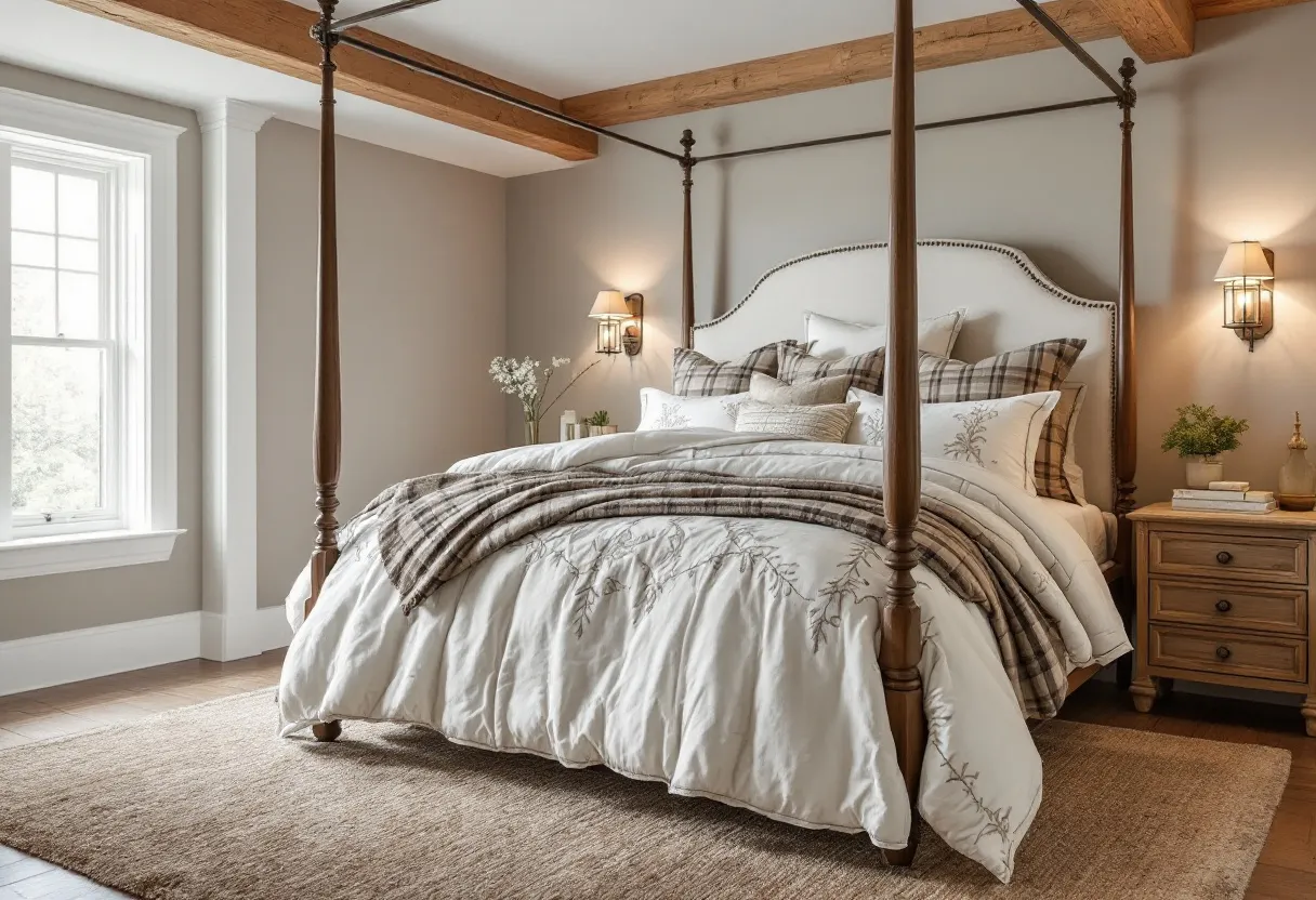 This cozy bedroom features a serene and inviting atmosphere, highlighted by a beautiful four-poster bed. The bed is adorned with soft, textured bedding and an array of pillows, creating a welcoming space for rest. The warm, neutral tones of the walls and bedding blend harmoniously, enhancing the room's soothing ambiance. A soft, woven rug underfoot adds to the snug and comfortable environment.

The space is further enhanced by natural light streaming through a large window, which illuminates the room during the day. Beside the bed, a wooden nightstand holds a small plant and a neatly arranged stack of books, adding a touch of personal charm. The room's lighting fixtures, including wall sconces near the bed, provide a soft glow, perfect for nighttime relaxation. The overall design of this bedroom balances elegance with comfort, making it an ideal retreat.