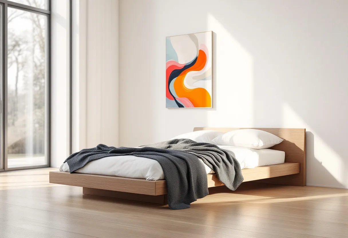 This cozy bedroom exudes a sense of minimalistic tranquility with its clean lines and natural elements. The centerpiece is a modern platform bed with a light wood frame, enhancing the warm and inviting atmosphere. Draped casually across the neatly made bed is a dark, textured throw blanket, adding a layer of comfort and visual depth. Soft natural light pours in through the large floor-to-ceiling windows, highlighting the smooth wooden flooring and creating a serene ambience.

The room is adorned with a vibrant abstract painting that adds a splash of color to the otherwise neutral palette. The artwork features fluid shapes and bold hues of orange, blue, and pink, injecting an artistic note into the space. The high ceiling and uncluttered walls emphasize the room's airy, open feel. This harmonious blend of art, light, and simplicity makes the bedroom a perfect sanctuary for relaxation.