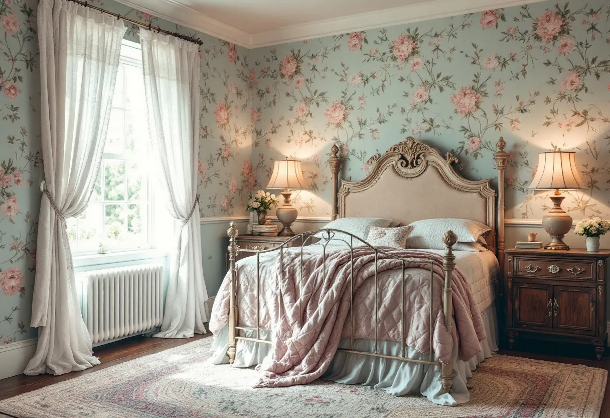 This cozy bedroom exudes a charming, vintage elegance with its intricately detailed floral wallpaper that wraps the room in a soft, pastel ambiance. The wallpaper features a delicate pattern of blooming flowers in gentle pinks and greens, giving the space a fresh yet timeless feel. Accentuating this look is an ornate, upholstered headboard that serves as a centerpiece, blending seamlessly with the room’s classic theme. The bed is neatly arranged with a plush, quilted comforter and a collection of matching pillows, inviting relaxation and warmth.

The room is further enhanced by the natural light streaming in through a pair of tall windows, draped with sheer, white curtains that diffuse the sunlight beautifully. Positioned between the windows and the bed are elegant wooden nightstands, each topped with a vintage-style lamp, casting a soft, inviting glow. The addition of a large, richly textured area rug in muted tones ties the room together, adding both visual interest and coziness underfoot. This thoughtfully designed bedroom is a tranquil retreat that combines comfort with a touch of nostalgic sophistication.