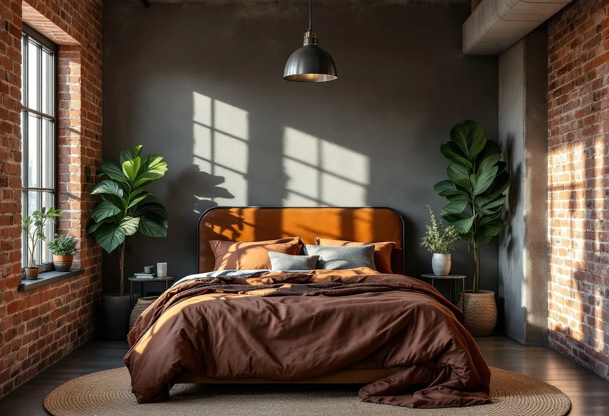 This cozy bedroom features an inviting ambiance highlighted by warm, earthy tones. The focal point is the substantial bed, adorned with a plush, brown duvet and a collection of soft pillows in varying shades of orange and gray. The sunlight streaming through the large window casts a gentle glow across the room, creating a soothing and warm atmosphere. The dark, neutral wall behind the bed accentuates the richness of the bedding and provides a nurturing backdrop.

The room’s design incorporates natural elements, such as the exposed brick wall and abundant greenery. Potted plants placed near the windows and beside the bed bring a touch of nature indoors, enhancing the room's tranquility. A rustic, round woven rug adds texture and complements the wooden flooring, while a pendant light overhead provides a modern touch. This combination of natural and industrial elements contributes to the overall cozy and stylish feel of the space.