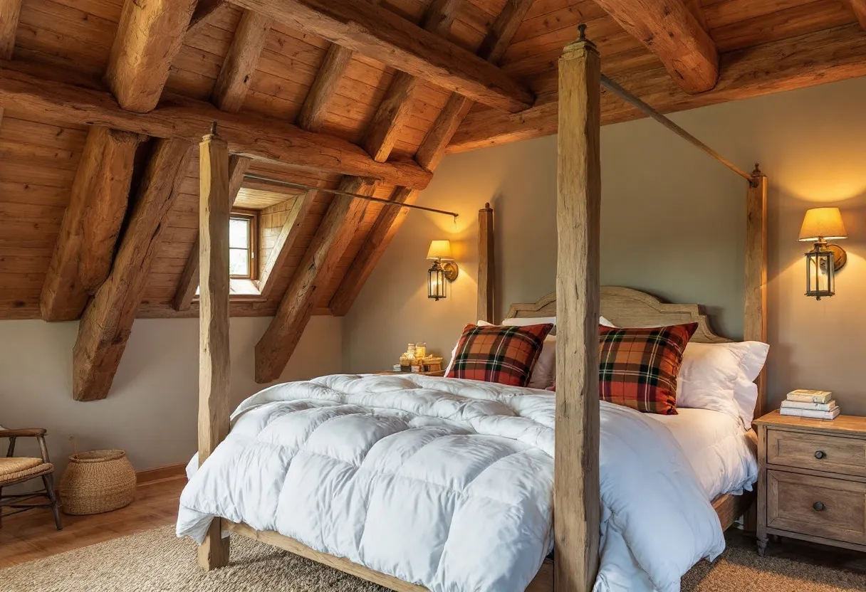 This cozy bedroom exudes warmth and rustic charm, characterized by its inviting wooden elements. The room features a beautifully crafted wooden ceiling with exposed beams, enhancing the rustic aesthetic. The bed is adorned with a pristine white duvet, adding a touch of brightness and contrast to the darker wood tones. Accentuating the bed are two plaid pillows, adding a cozy, homespun feel to the space. The natural textures of the neutral-toned rug and the wicker basket complement the wooden features, adding layers of comfort and style.

Soft lighting from the wall-mounted sconces creates a warm and intimate atmosphere, perfect for relaxation. The window, framed by the slanted wooden ceiling, allows natural light to softly illuminate the room, adding to its overall coziness. A simple wooden nightstand holds a few personal items, enhancing the inviting, lived-in feel of the space. The combination of textures, from the soft bedding to the sturdy wooden accents, makes this bedroom a perfect retreat that embodies comfort and tranquility.