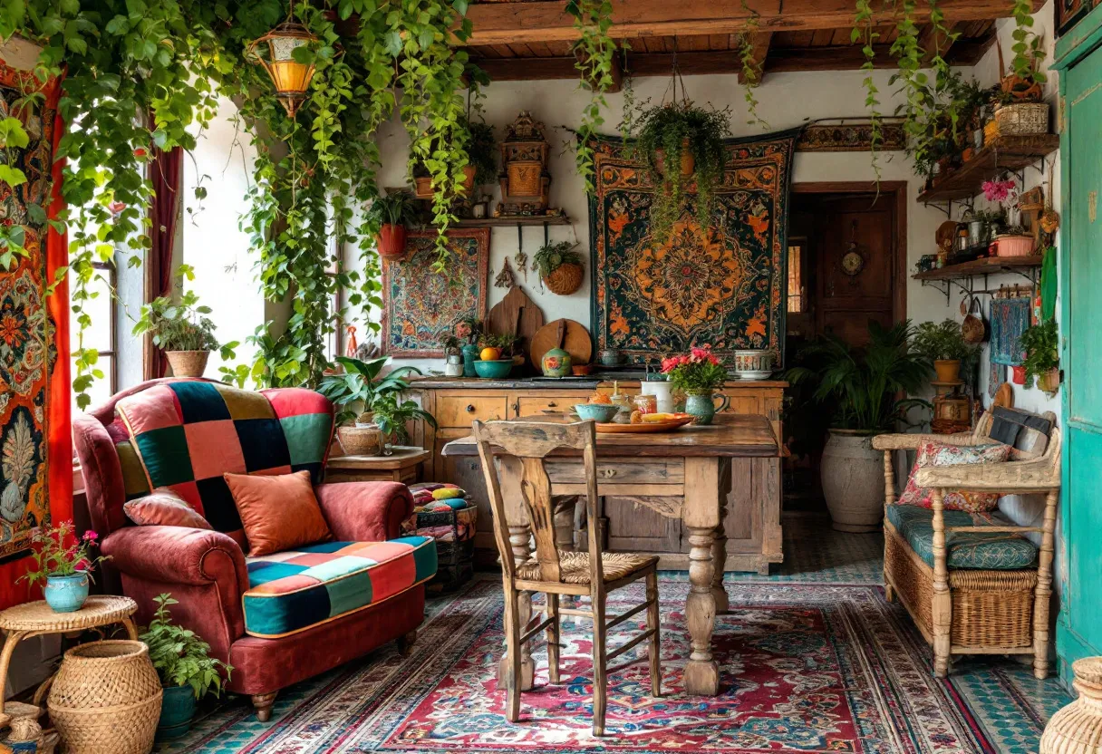 This cozy kitchen exudes a warm and eclectic vibe, with its rich tapestry of colors and textures. The space is adorned with lush, trailing greenery that hangs from the ceiling, creating a natural canopy that adds to the inviting atmosphere. A comfortable armchair, upholstered in a vibrant patchwork fabric, provides a welcoming spot to relax and enjoy the surroundings. The combination of earthy tones and vibrant splashes of color from various plants and textiles brings an organic yet lively energy to the room.

The kitchen features rustic wooden furniture that enhances its homely charm. A sturdy wooden table serves as the focal point, surrounded by chairs that meld perfectly with the overall theme. Intricate tapestries with intricate patterns hang on the walls, introducing a bohemian flair that complements the detailed, colorful rug covering the floor. The open shelves and counters are thoughtfully decorated with pottery and woven baskets, reflecting a balance of practicality and aesthetics. This kitchen truly celebrates a harmonious blend of nature and coziness, making it an inviting retreat.