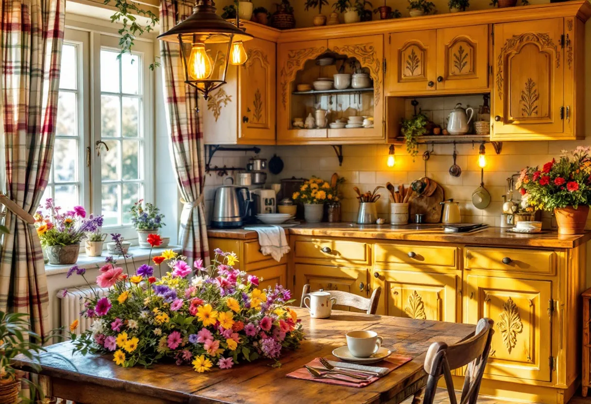 This cozy kitchen exudes a warm and inviting atmosphere with its rustic charm. The sunlight streaming through the large paned window casts a gentle glow over the room, enhancing the warmth of the wooden cabinetry. The cabinets, crafted in a golden hue with intricate carvings, provide a sense of classic elegance. The soft lighting from the hanging lamps creates an intimate setting, making it an ideal space for relaxation and conversation. The array of colorful flowers adorning the wooden table adds a touch of vibrancy and freshness, complementing the earthy tones of the kitchen.

The space is thoughtfully decorated with an abundance of greenery, visible on the shelves and countertops, bringing a sense of nature indoors. The checkered curtains and floral arrangements contribute to the kitchen's homely feel. Practical and decorative items, such as the kettle, cups, and various kitchen utensils, are neatly organized, demonstrating a balance between functionality and style. This kitchen beautifully combines traditional elements with natural touches, creating a delightful and cozy corner perfect for unwinding with a warm cup of tea.