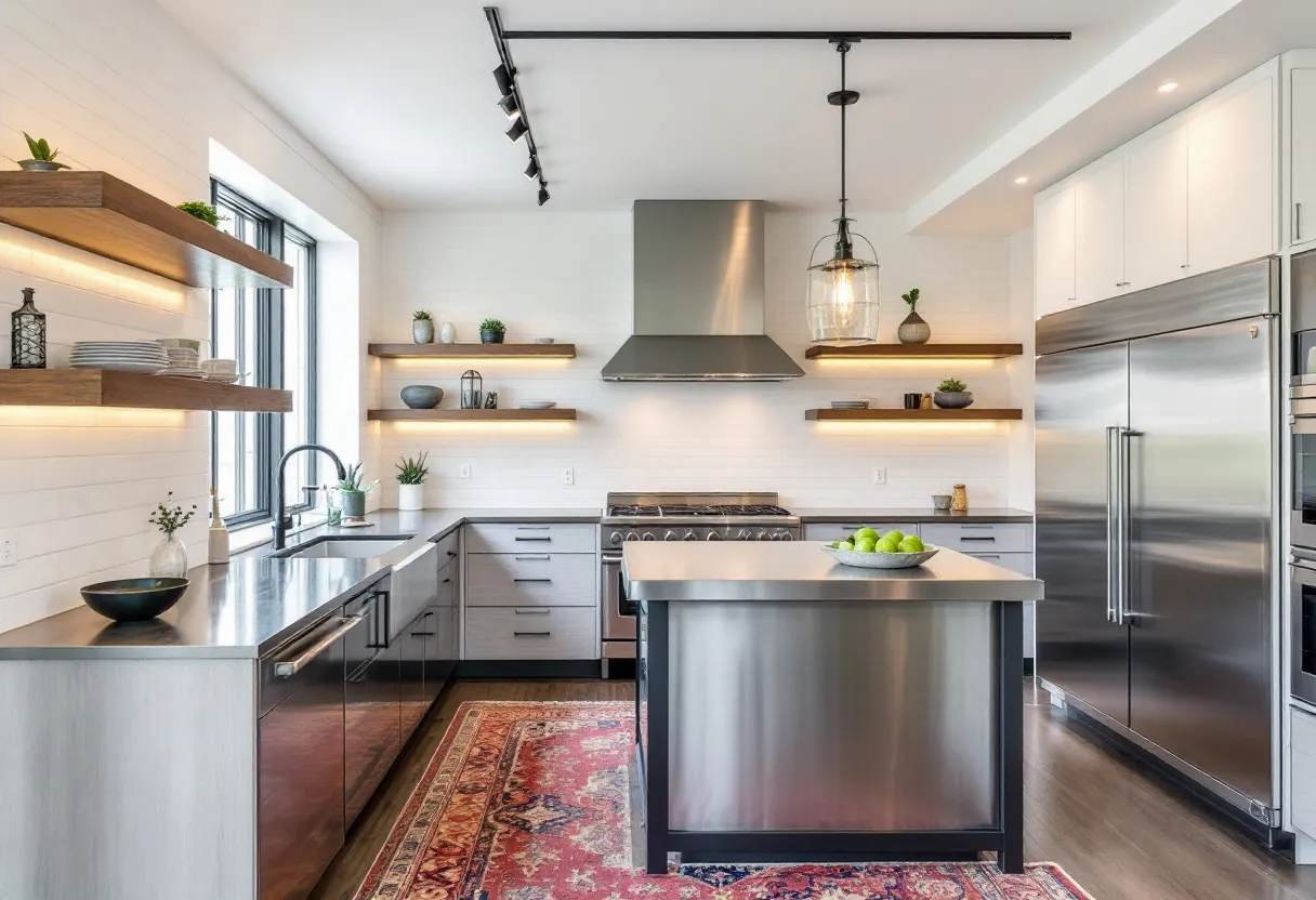 This cozy kitchen exudes a modern elegance with its sleek stainless steel appliances and understated color palette. The space is thoughtfully designed, with open shelving that showcases a selection of dishware and decorative items, adding both personality and functionality. Natural light floods the room through the large window above the sink, complemented by strategically placed lighting fixtures, including track lighting and a chic pendant light above the island. The soft hues of the cabinetry harmonize with the steel surfaces, creating a cool yet inviting atmosphere.

A vibrant area rug adds warmth and a splash of color, grounding the room with its intricate patterns. The kitchen’s layout is practical, featuring ample countertop space and an island that serves as a focal point for cooking and gathering. Potted plants are thoughtfully placed, infusing the space with a touch of greenery and life. Altogether, this kitchen is a perfect blend of style and comfort, making it an inviting hub for culinary creativity and social interaction.