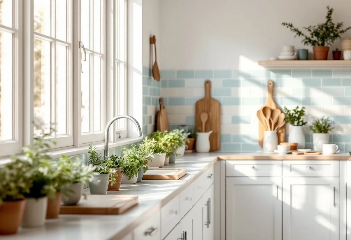 This cozy kitchen evokes a sense of warmth and simplicity, with its soft, natural lighting streaming through the large windows. The design is accentuated by a series of potted plants placed across the countertop, adding a lively touch of green that complements the serene atmosphere. The white cabinetry provides a clean, uncluttered look, while the silver handles add a modern touch to the traditional layout. The use of wooden cutting boards and utensils establishes a rustic charm, blending seamlessly with the overall aesthetic.

The backsplash, adorned with soft blue and white tiles, adds a subtle pop of color that echoes the tranquility of the space. Open shelves hold a collection of dishes and cups, some nestled in pastel tones, furthering the inviting ambiance. The attention to natural elements and thoughtful details creates an environment that is both functional and welcoming, perfect for leisurely mornings or intimate gatherings. The balanced blend of elements makes this kitchen a delightful heart of the home.