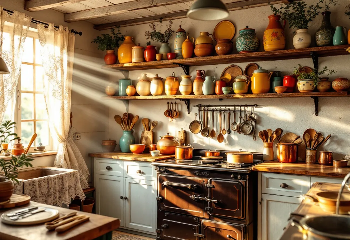 This cozy kitchen exudes a warm, rustic charm, with its wooden shelves filled with a delightful assortment of colorful ceramic pots and jars. The soft glow of sunlight filtering through delicate lace curtains bathes the room in a gentle, inviting light, enhancing the rich tones of the wooden countertops and cabinetry. A classic black stove stands as the focal point, its robust presence complemented by an array of copper cookware, adding to the kitchen's vintage allure.

The thoughtful arrangement of wooden utensils and hanging pots creates an atmosphere of organized creativity, suggesting a space where culinary delights are crafted with care. Potted plants and sprigs of greenery bring a touch of nature indoors, seamlessly integrating with the earthy color palette. This kitchen not only serves as a functional space but also as a comforting sanctuary where cooking becomes a joyful and serene experience.