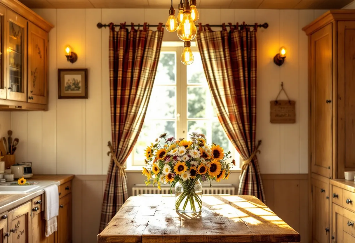 This cozy kitchen exudes warmth with its rustic charm and inviting atmosphere. The room is centered around a sturdy wooden table adorned with a vibrant bouquet of sunflowers and daisies, bringing a splash of color and life to the space. The natural light streaming through the window illuminates the polished surfaces, highlighting the intricate grain in the wood and enhancing the overall warmth of the room.

Plaid curtains frame the window, adding a touch of classic elegance and complementing the country aesthetic. The soft glow from the vintage-style bulbs and wall sconces casts a welcoming ambiance, perfect for gatherings or quiet mornings with a cup of coffee. The cabinetry, with its natural wood finish and simple hardware, blends seamlessly into the room, emphasizing practicality and charm in equal measure. This kitchen is a haven of comfort and simplicity, inviting anyone who enters to enjoy its serene and homely appeal.