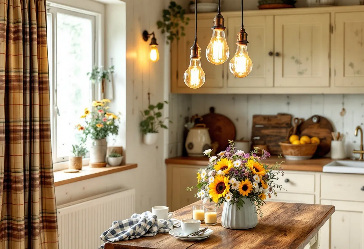 This cozy kitchen exudes warmth and charm, creating an inviting and homely atmosphere. The rustic wooden table at the center is adorned with a vibrant bouquet of sunflowers and daisies, bringing a touch of nature indoors. The soft lighting from the exposed vintage-style bulbs casts a gentle glow, enhancing the intimate ambiance. The cream-colored cabinets provide a classic backdrop, complementing the natural wood tones throughout the space.

Plaid curtains frame the window, through which soft daylight filters, highlighting the greenery of potted plants on the windowsill. On the countertop, a vase filled with fresh lemons adds a pop of color, while wooden cutting boards and kitchen tools suggest a space both functional and stylish. The overall aesthetic is one of comfort and simplicity, perfect for enjoying cozy moments and warm gatherings.