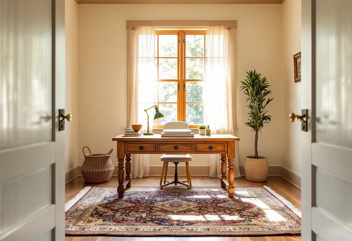 This cozy office exudes a warm, inviting atmosphere, enhanced by the soft natural light streaming through the large window. The wooden desk at the center becomes a focal point with its classic design and rich tones, perfectly complemented by a vintage-style green desk lamp. A pile of neatly stacked books, a small decorative bowl, and a couple of potted plants add a personal touch, infusing the space with personality and life.

The room feels grounded and comfortable due to the intricately patterned area rug that adds a splash of color and texture to the floor. The walls and ceiling are painted in neutral tones that amplify the serenity of the space, while a tall, leafy plant in the corner contributes an organic element. This minimalist yet well-curated office environment is ideal for concentration and creativity, offering a perfect balance between functionality and aesthetic appeal.