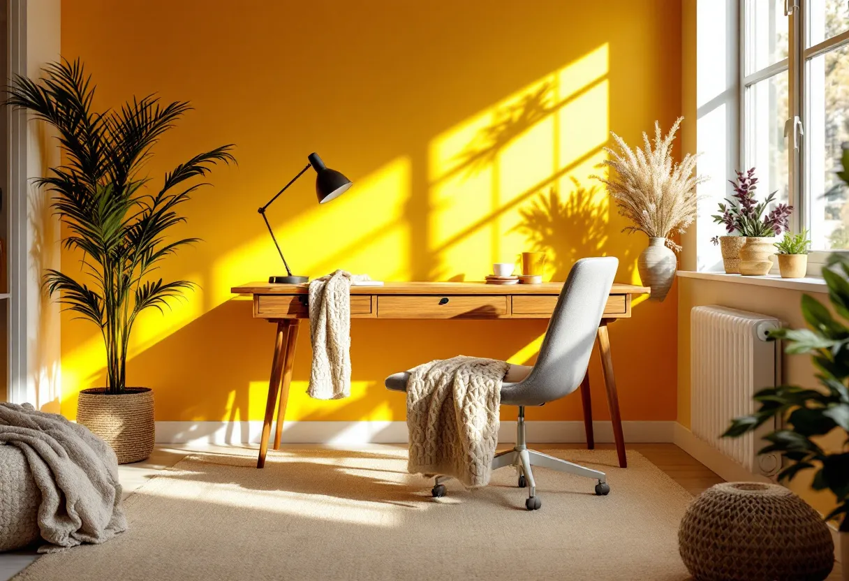 This cozy office is bathed in warm hues, dominated by a vibrant yellow accent wall that immediately energizes the space. The sunlight streaming through the large window creates an inviting and bright atmosphere, casting soft shadows that dance across the walls and floor. A sleek wooden desk stands against the accent wall, exuding a mid-century modern charm with its clean lines and minimalist design. The desk is accessorized with a simple black lamp and a few neatly organized items, contributing to the room’s uncluttered and calming vibe. 

The seating arrangement is thoughtfully considered, featuring a comfortable grey office chair draped with a textured, knitted throw. This touch adds an element of warmth and coziness to the workspace. Potted greenery and dried plants are strategically placed, complementing the natural light and bringing a touch of the outdoors inside. The choice of natural materials and soft textiles in the carpet and pouf further enhances the room's cozy aesthetic. Overall, the space is an inviting retreat, perfect for productivity and relaxation.