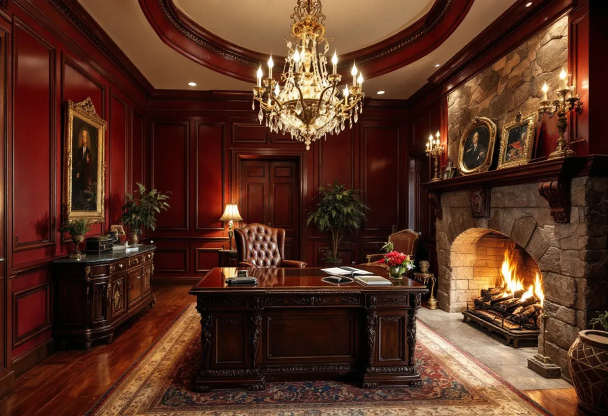 This cozy office exudes warmth and sophistication, with rich wood paneling enveloping the room in an aura of classic elegance. The central feature is a grand wooden desk, adorned with intricate carvings, and perfectly complemented by a high-backed, tufted leather chair. The deep, red-toned wood contrasts harmoniously with the warm glow emanating from a luxurious chandelier overhead, whose crystal elements reflect a soft, ambient light throughout the space.

Adding to the inviting atmosphere is a majestic stone fireplace, where a cheerful fire crackles, offering both warmth and a sense of timelessness. Above the fireplace, tastefully framed portraits and elegant sconces add a touch of personal character and refinement. Lush greenery and a bouquet of fresh flowers introduce a burst of natural color, enhancing the serene and inviting environment. A plush, patterned rug adds a layer of comfort underfoot, completing the room's cohesive and luxurious feel.