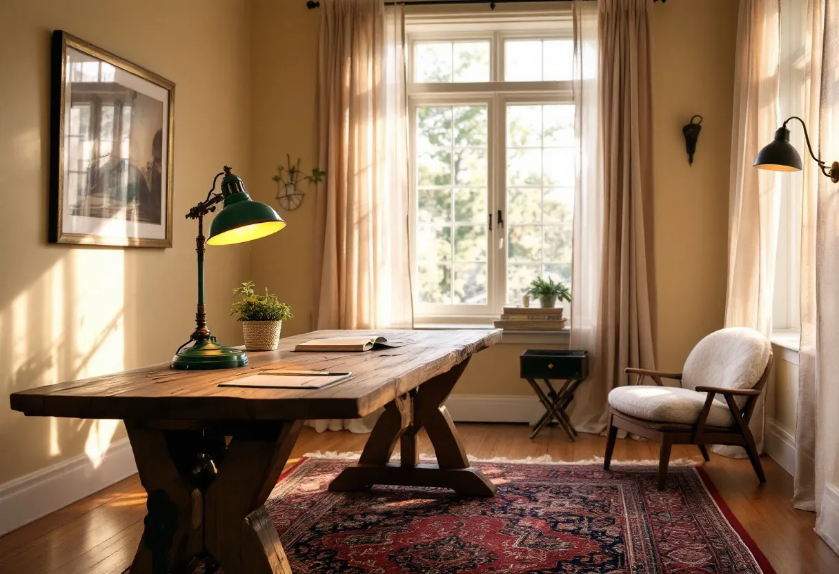 This cozy office exudes a warm and inviting atmosphere, enhanced by the soft, natural sunlight streaming through the large window adorned with sheer curtains. The room features a sturdy wooden desk, complemented by a vintage-style lamp that casts a warm, mellow light onto the workspace. A potted plant adds a touch of greenery, infusing the space with life and freshness. The arrangement is practical yet charming, inviting productivity and creativity.

The seating area consists of a comfortable chair beside the window, perfect for relaxing breaks with a book or a cup of tea. The rich, patterned area rug adds character and warmth, tying together the room’s earthy color palette. Wall sconces provide additional soft lighting, contributing to the overall serene ambiance of the office. Overall, this space is thoughtfully designed to blend function with a cozy, inviting aesthetic.